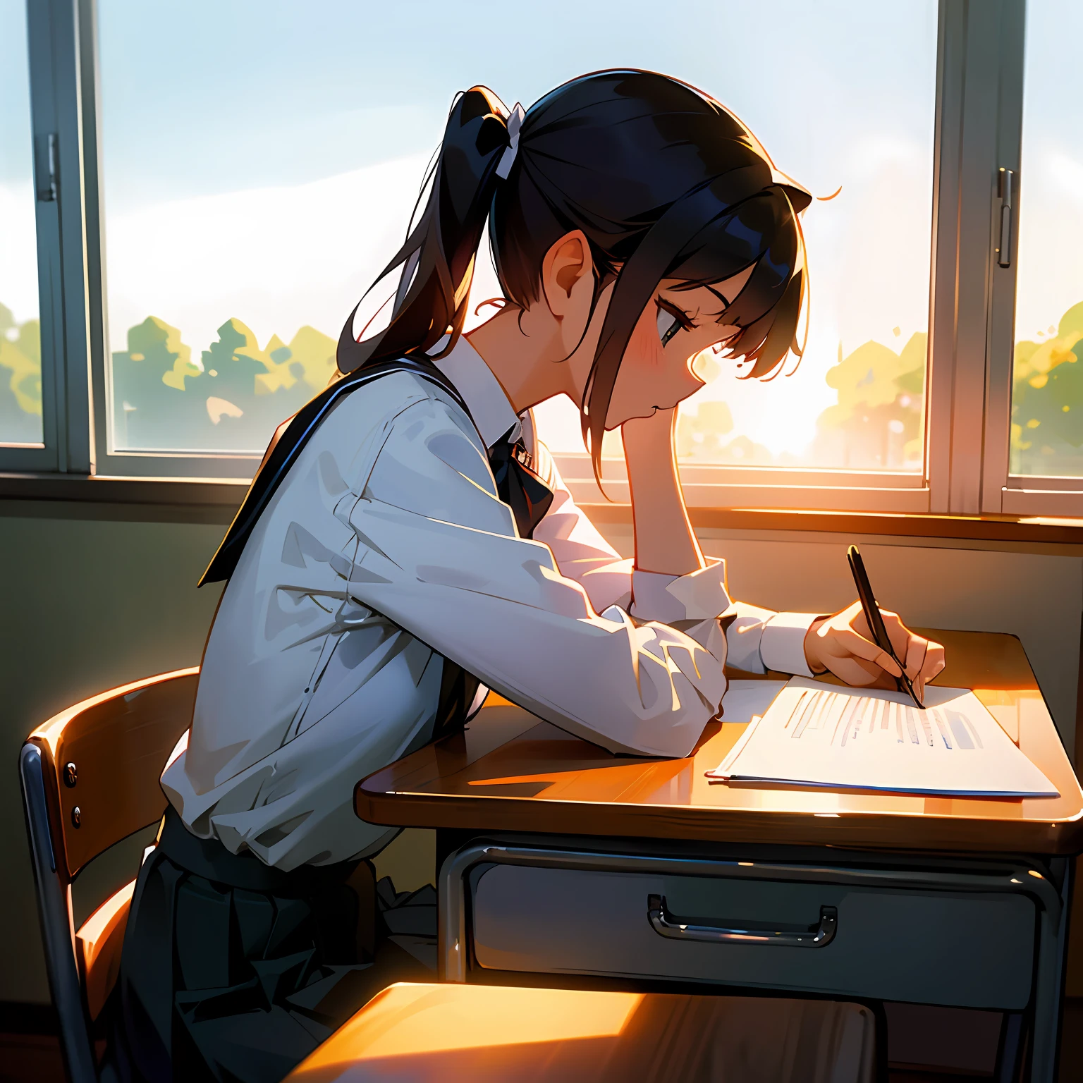schoolgirls，Royal sister，The upper part of the body，pony tails，Side face，Write homework，‎Classroom，Study desk，By the window，white  shirt，low head，The sun shines on the body，Non-animated --auto
