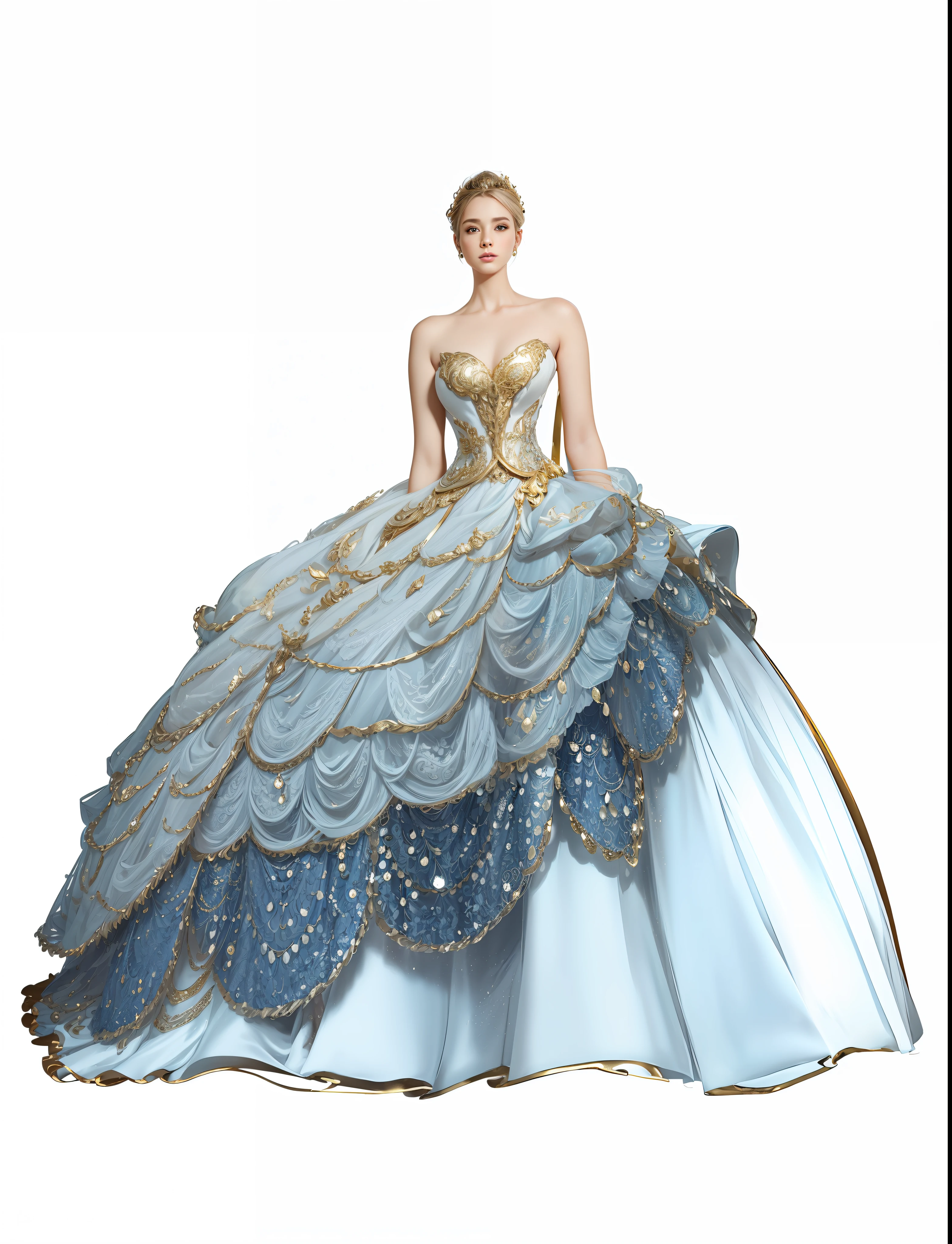 a hyper realistic photograph of a girl standing wearing a majestic light beige and gold ball gown dress, big beautiful dress, intricate puffy ball gown with lots of ruffles and rhinestones (Best quality, masterpiece, ArtStation, Fantasy Art:1.2), a palace room, a beautiful cute girl, (long white hair:1.1), (intricate short gold skirt, bare legs:1.2, full body shot)