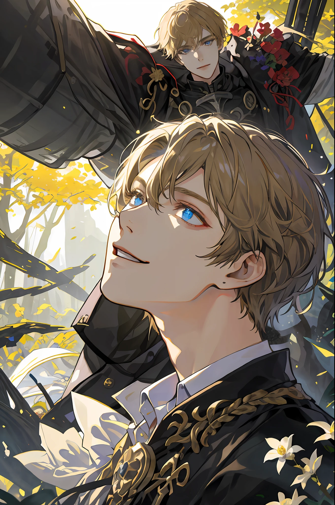 ((Masterpiece: 1.2, top quality)), ((2 men)), short blond hair, blue eyes (handsome: 1.4), white suit, uniform, royalty, tough black knight, short black hair, golden eyes, scar on right eye, black armor, fantasy, forest, blooming flowers, sunlight, fantastic light and shadow, landscape, highly detailed face, portrait, smile