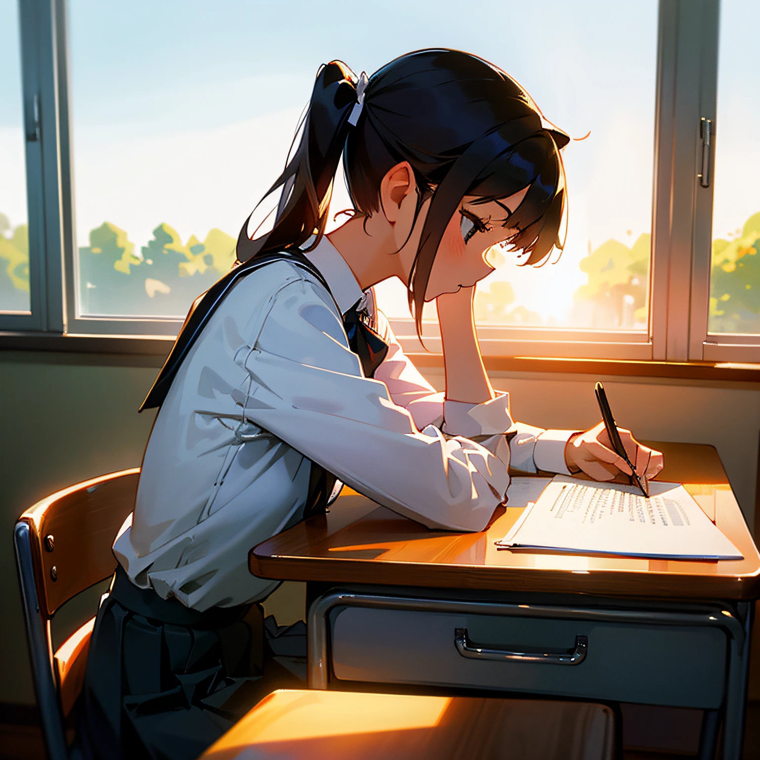 schoolgirls,Royal sister,The upper part of the body,pony tails,Side face,Write homework,Classroom,Study desk,By the window,white shirt,low head,The sun shines on the body,Non-animated --auto
