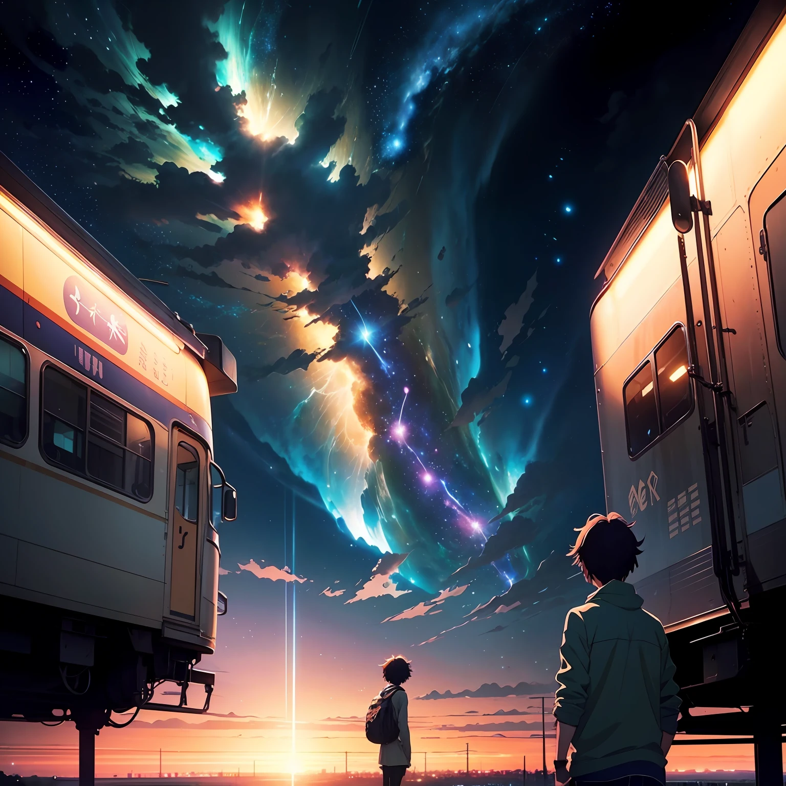 Makoto Shinkai's concept art,Tumblr,magic realism,beautiful anime scenes,Cosmos Sky。 By Makoto Shinkai, ( ( Makoto Shinkai ) ), Anime background art, anime backgrounds, Makoto Shinkai's style, anime movie backgrounds, the milky way express,without humans,1:2.5。