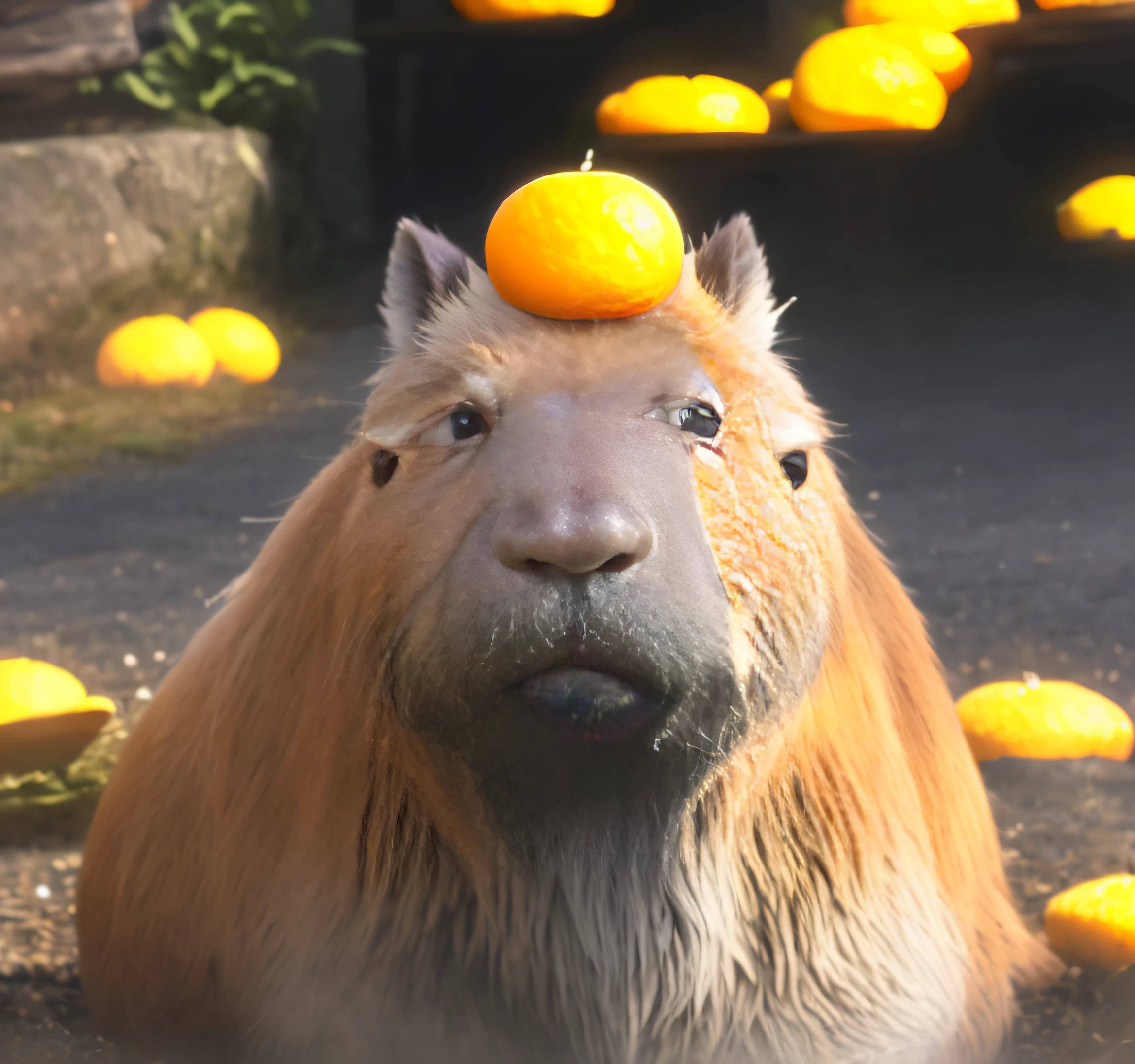 There was a capybara with a bunch of oranges on his head, capybara, Dumb cute，boy
