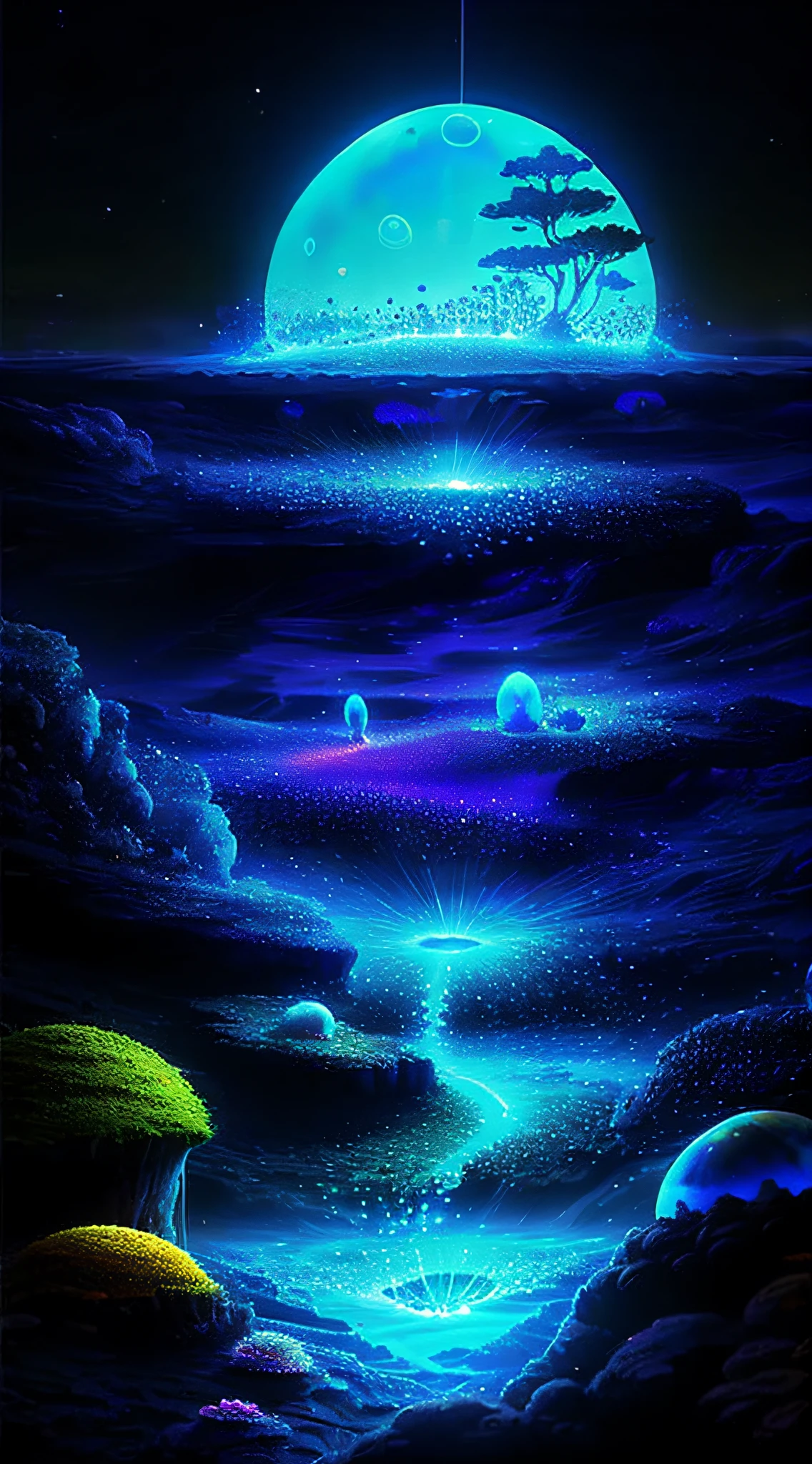 Cute anthill,It is covered with moss and cute glowing ants,Made of sand,Blue Higan flowers bloom,Transparent fog,The hemispherical shape looks down from the sky,fanciful,Artistically,ultraclear,Hyper-detailing,8K