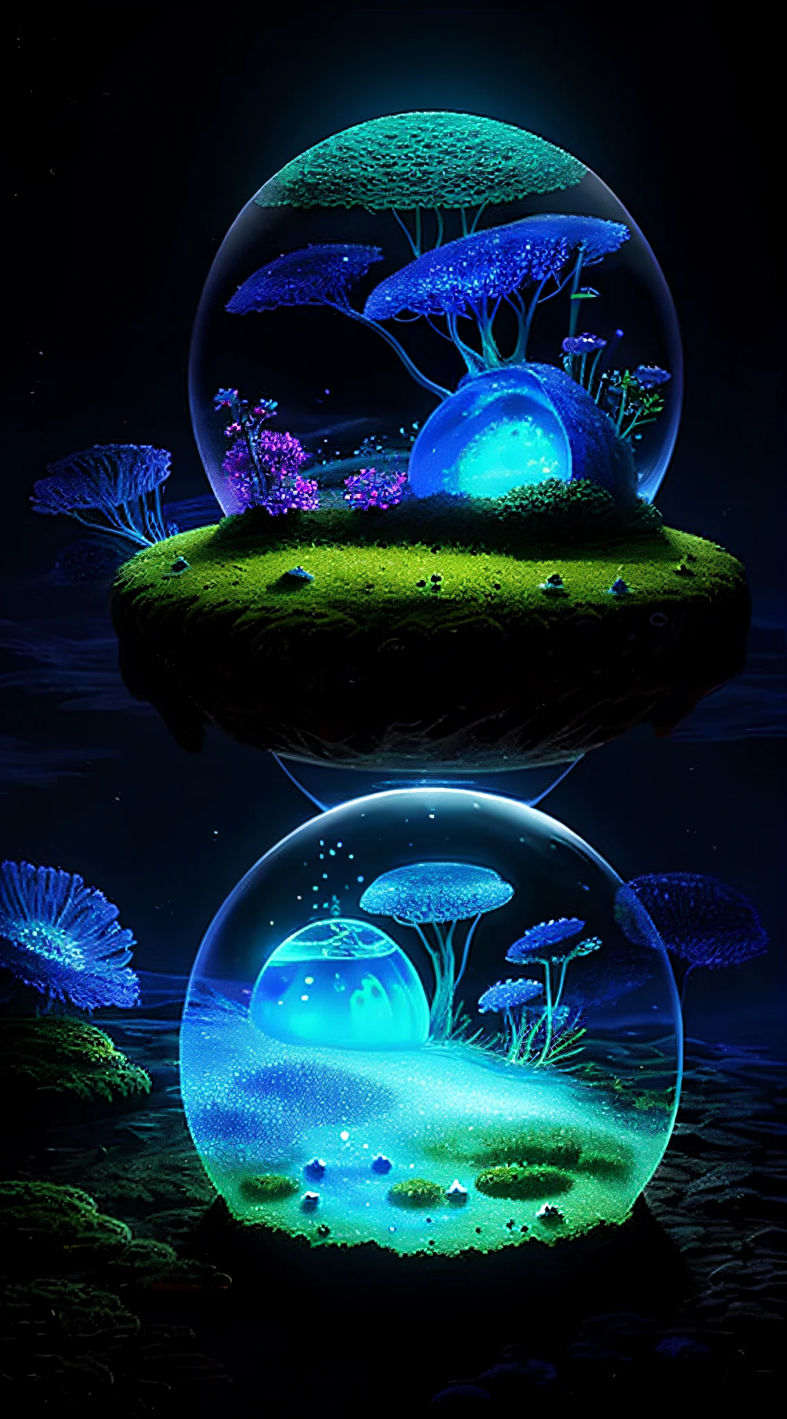 Cute anthill，It is covered with moss and cute glowing ants，Made of sand，Blue Higan flowers bloom，Transparent fog，The hemispherical shape looks down from the sky，fanciful，Artistically，ultraclear，Hyper-detailing，8K