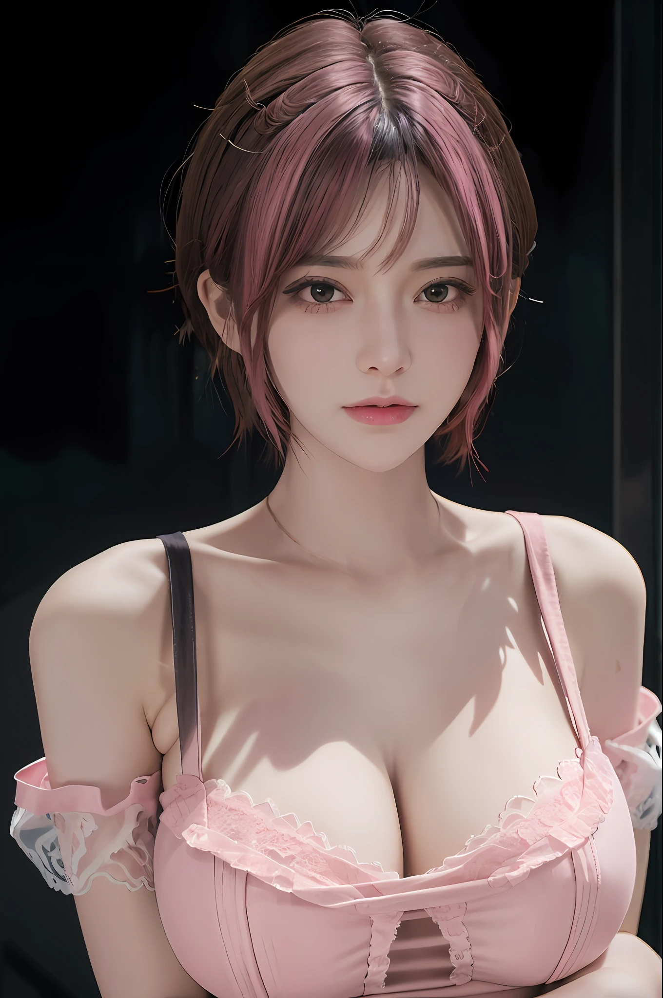 (masterpiece:1.3), (8k, photorealistic, RAW photo, best quality: 1.4), (1girl), beautiful face, (realistic face), (pink hair, short hair:1.3), (huge breast), beautiful hairstyle, realistic eyes, beautiful detailed eyes, (realistic skin), beautiful skin, red eyes, (sexy dress), (lace dress), (transparent dress), absurdres, attractive, ultra high res, ultra realistic, highly detailed, golden ratio