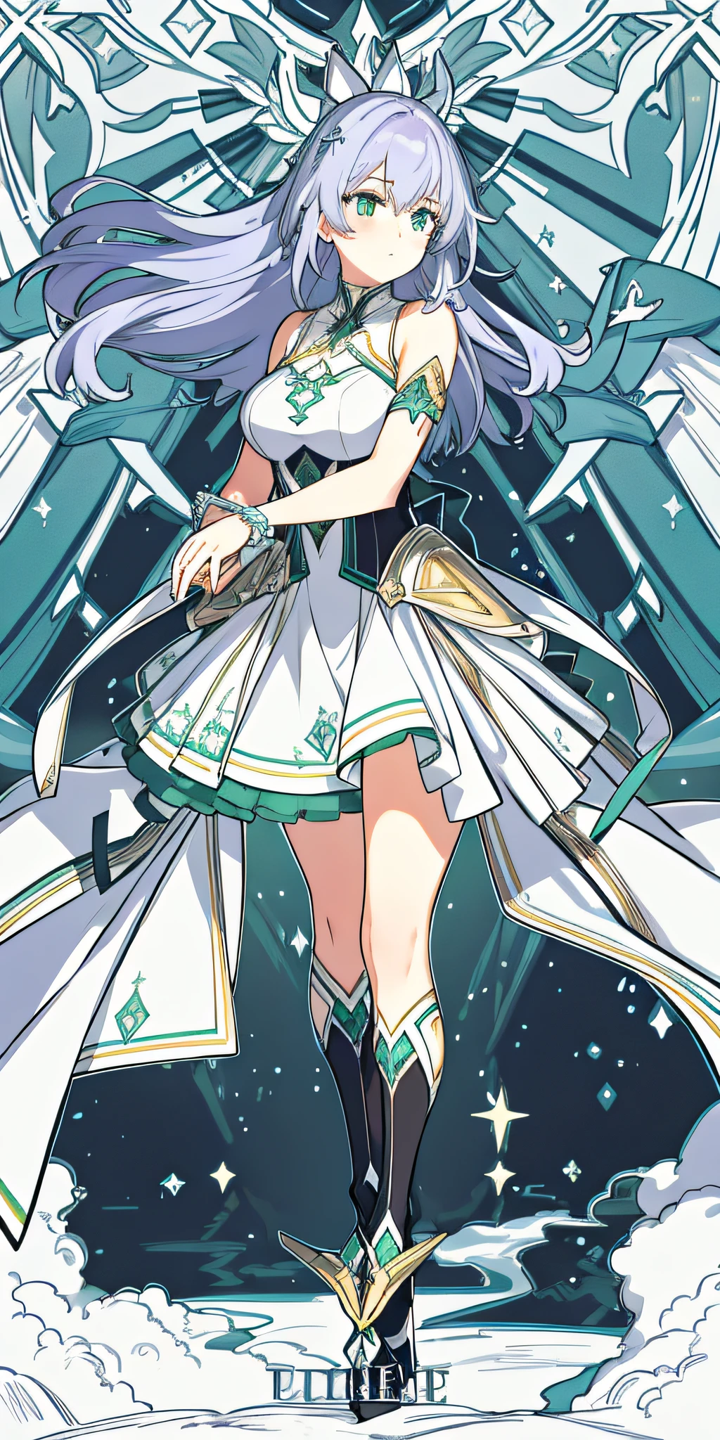 (((Masterpiece))),(((best qualtiy))),((Ultra-detailed)),(illustration),((anextremelydelicateandbeautiful)),dynamic angle,Floating,(beatiful detailed eyes),(detailedlight) (1girll), Solo, Floating_Hair,glowing light eyes,Purple hair big breasts,green-eyed, double tails, bluehalterdress, atdan, Green background, standing, smooth,arms back behind, Thick thighs, black sock,