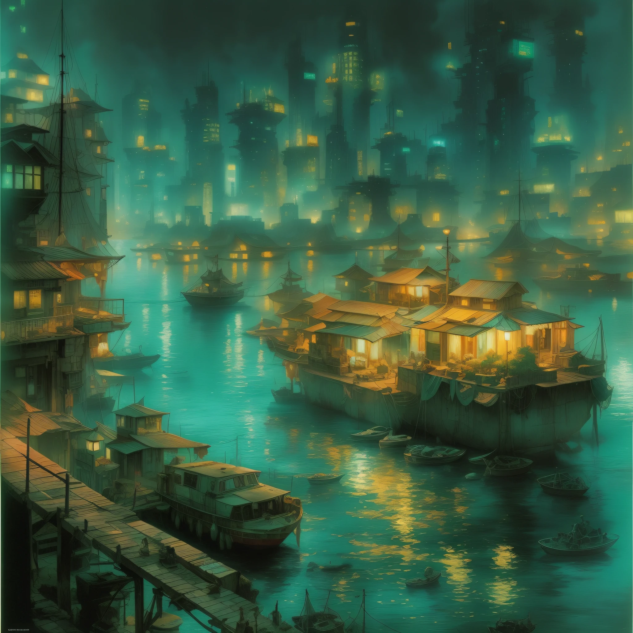 Prompt: `Maritime cyberpunk city from under the sea at night, City lights illuminate the region where they are at sea. Ambiente image. Pintura old. Cover music japan 1980's. Royo art.