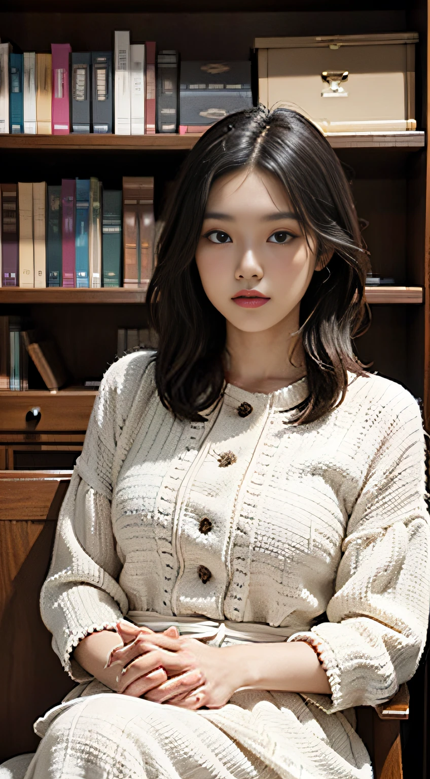 Close-up of a woman in a dress sitting in front of a bookshelf