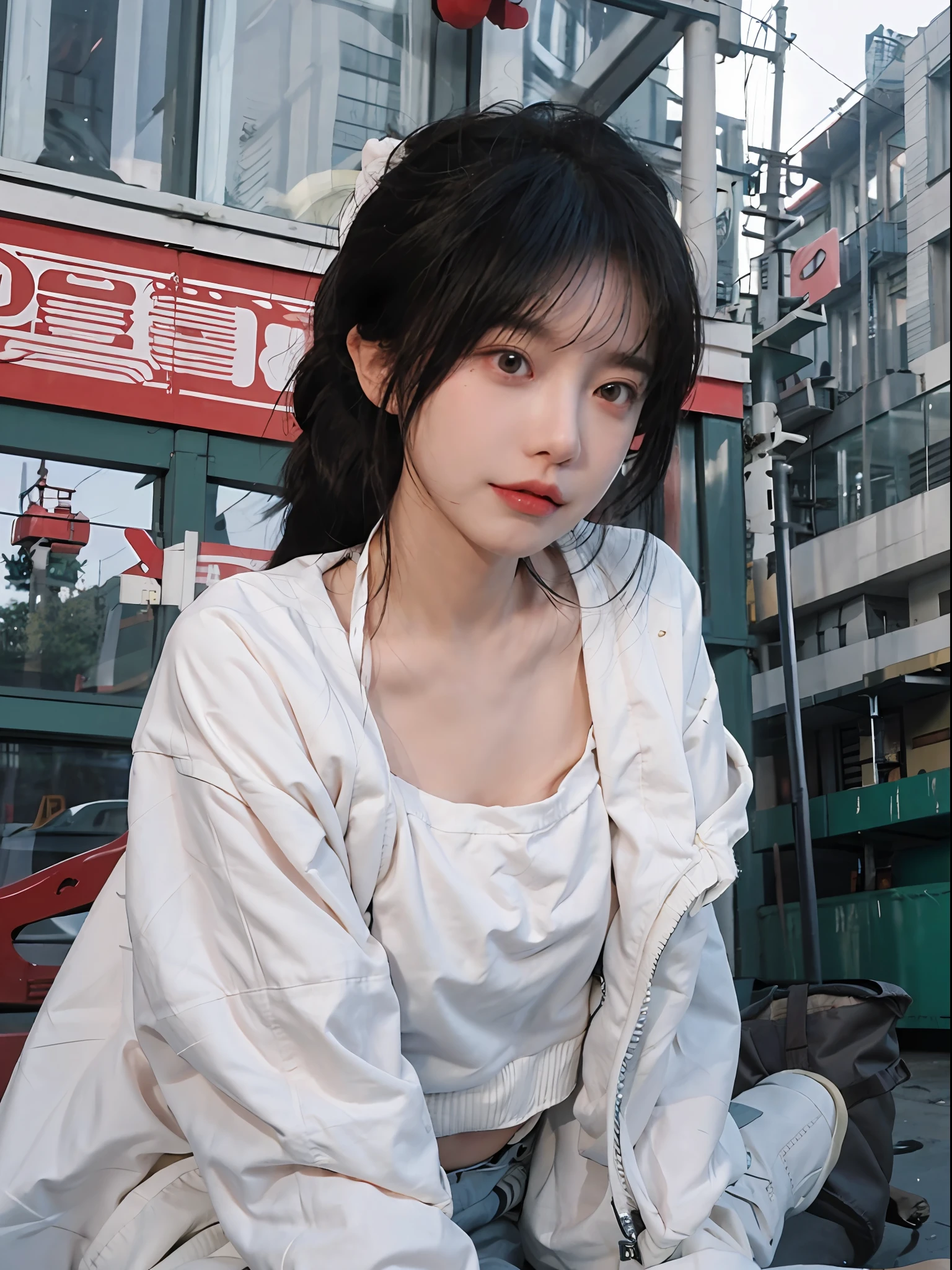 best qualtiy,tmasterpiece,超高分辨率,(true to life:1.4),1girll,Raised sexy,(Open white coat),White coat,(Pink bandeau top:1.5),Pink bandeau top,(In pink),(pony tails:1.5)(Daytime atmosphere:1.5),In the daytime, Glowing skin,A detailed eye, 二重まぶた,White skin of the,Sitting charmingly on a tall building, upperbody closeup