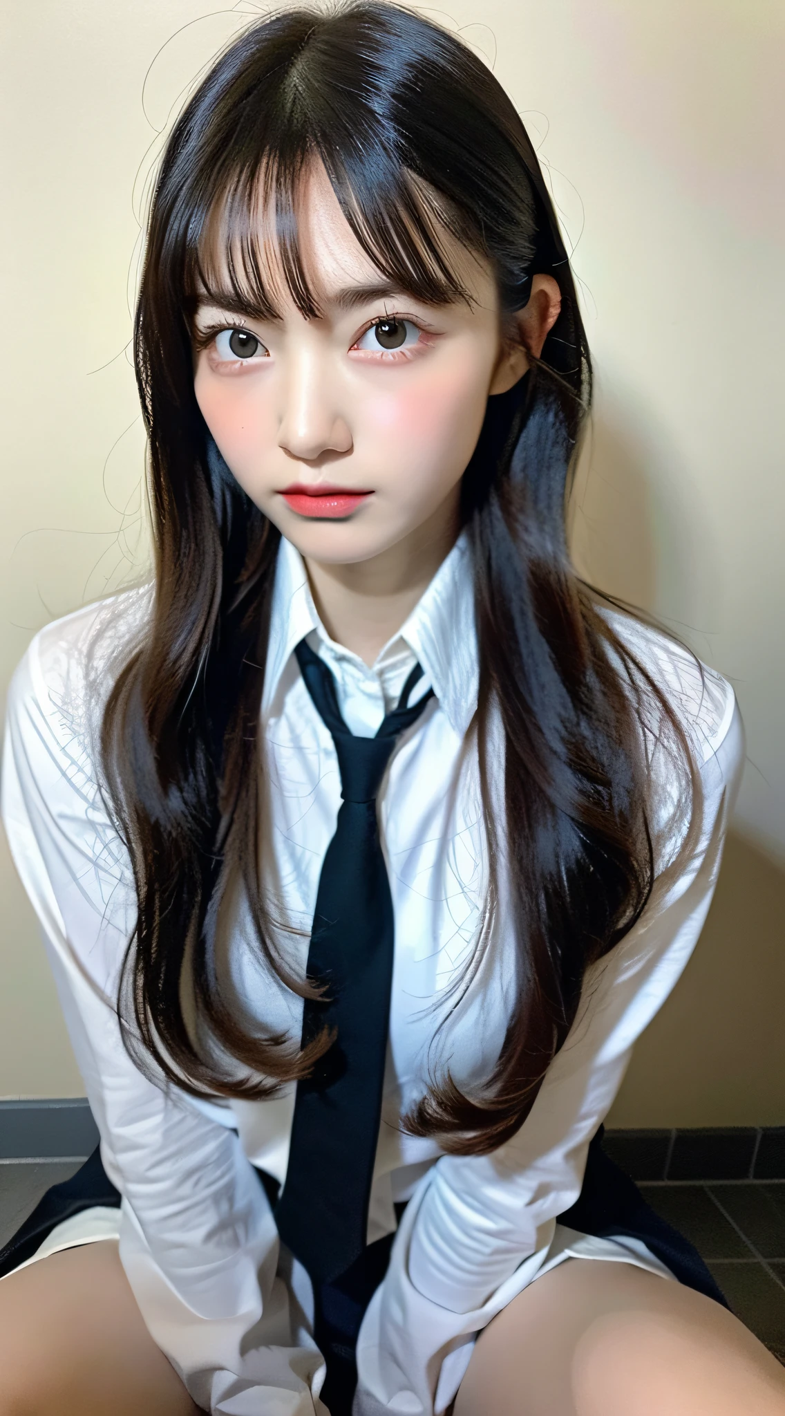(Raw photo, Best Quality), (Realistic, Photorealsitic:1.3), masutepiece, extremely delicate and beautiful, Extremely detailed, amazing, finely detail, Sharp Focus, Detailed, Dramatic, Delicate and beautiful schoolgirl, Full body figure, undergarment, A dark-haired,Black eye, Have  appeal,  Spiteful face, peeking at viewer, graphics beautiful, Bright school building, , White socks