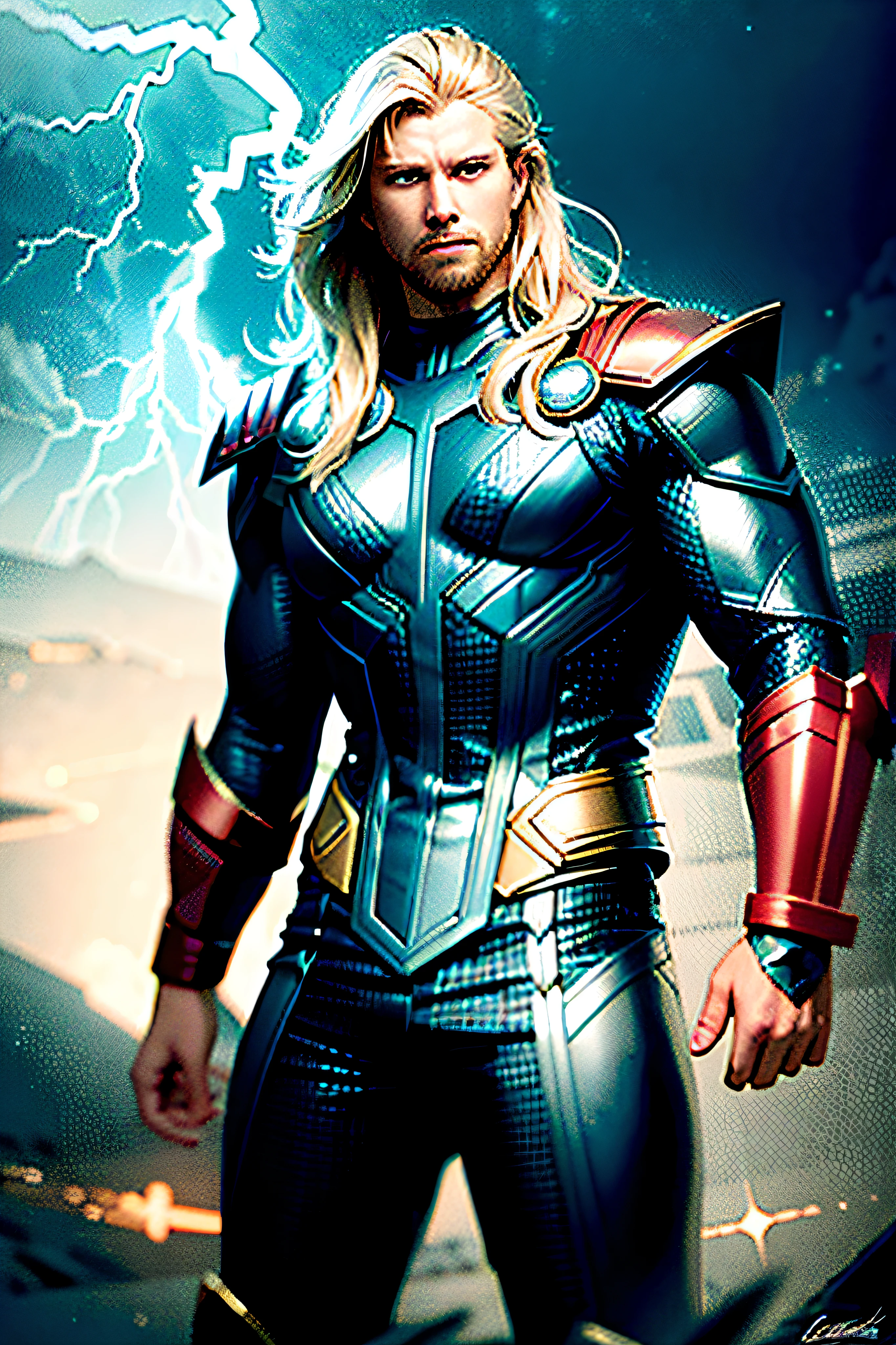 (best quality:1.33), (masterpiece:1.42), (realistic:1.24), (detailed:1.15), 
Generate an image of Thor with flashy, eye-catching special effects, like energy blasts or lightning bolts, in the style of Ross Tran,
professional photoshoot,  action shot,   cowboy shot,