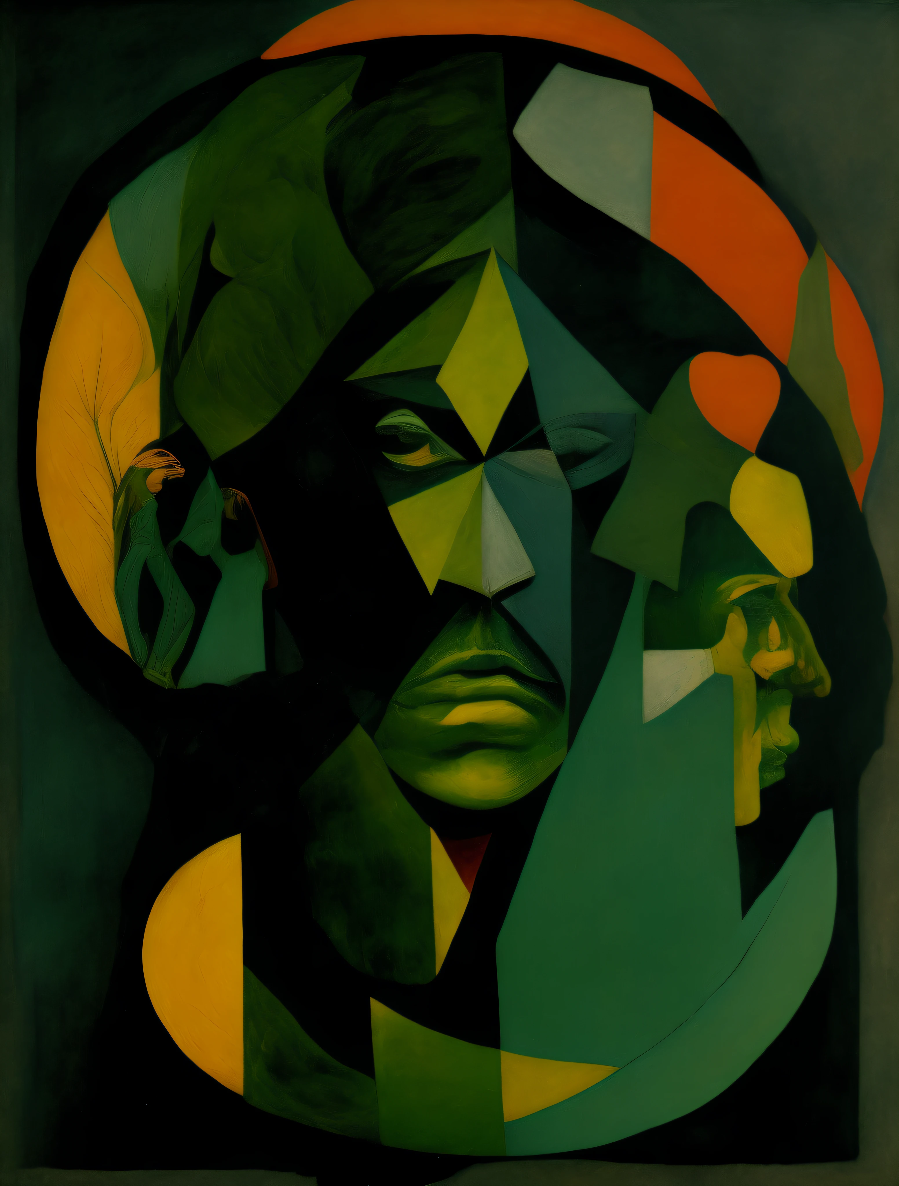 YAO by OXÒSSI, strong black hunter, somente cores derivados do verde na paleta, apenas uma figura humana na arte,The Orisha of Hunting,corpo inteiro,over all view, African ORIXÁ, cabelos pretos,deus entidade,joias de prata, toneladas verdes, floresta,Deus, Ioruba, negro forte lindo, god of the hunt,Matar,highes definition, Klint Tinta, abstrata, the Orixás, deus forte, vestindo um ade detalhado e intrincado,verde, arte abstrata que usa formas sobrepostas,Estilo Guernica, Pablo Picasso, coloridas para criar,Deus,olhar firme, Twelve cosmic countenances , astrofotografia