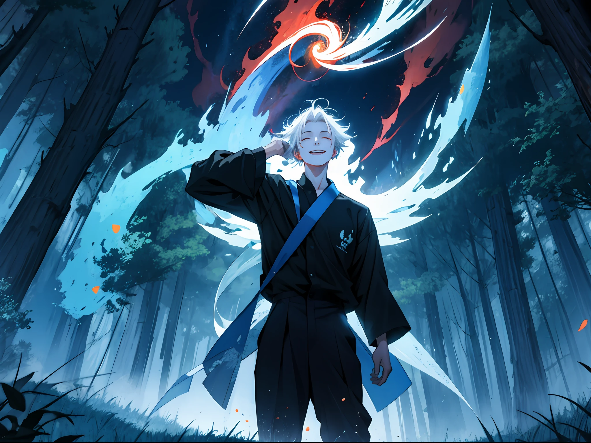 A man with short white hair, black shirt, standing on a forest path, spreading his hands while meditating, with a happy expression, the background is trees and the sky, but there are wormholes on the ground, surrounded by blue flames, golden and red lightning, high-speed movement, panoramic emergence, express dynamic and multi-angle light and shadow effects, generate 16K level detailed pictures.