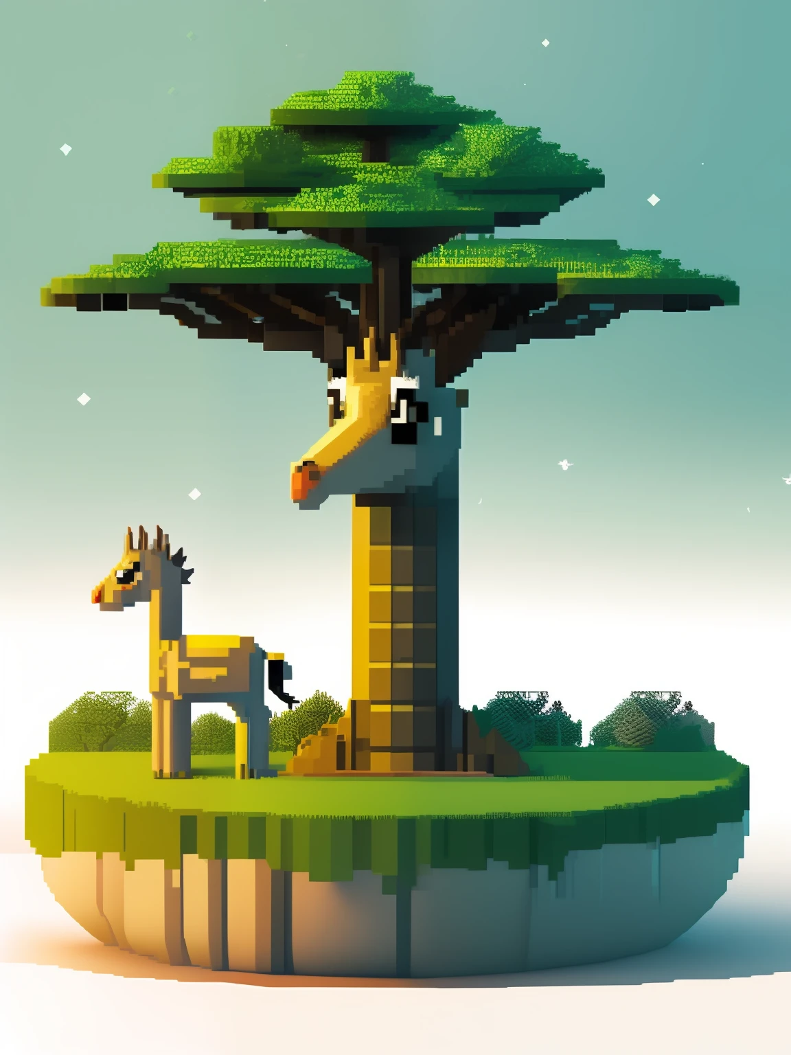 Atmospheric pixel art, A giraffe at dawn at the zoo, green trees,Minimalist，3d,white backgrounid
