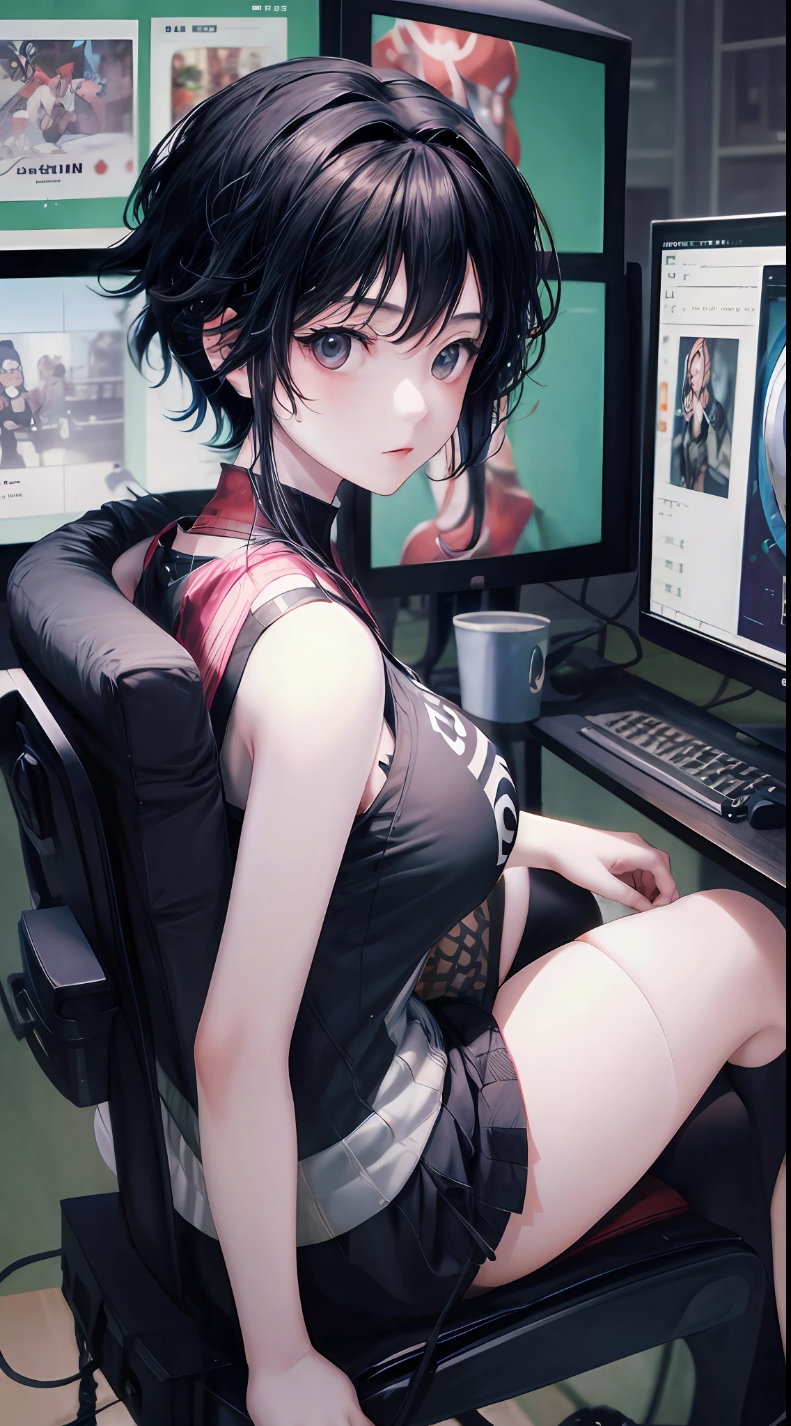 1 beautiful tomboy girl with big breast and Ted gray short hair, black tank top, black short stocking, black short skirt,sitting on a gaming chair, playing a game,background on gaming room, computer and 3 monitor, without light form lamp, looking to viewer,