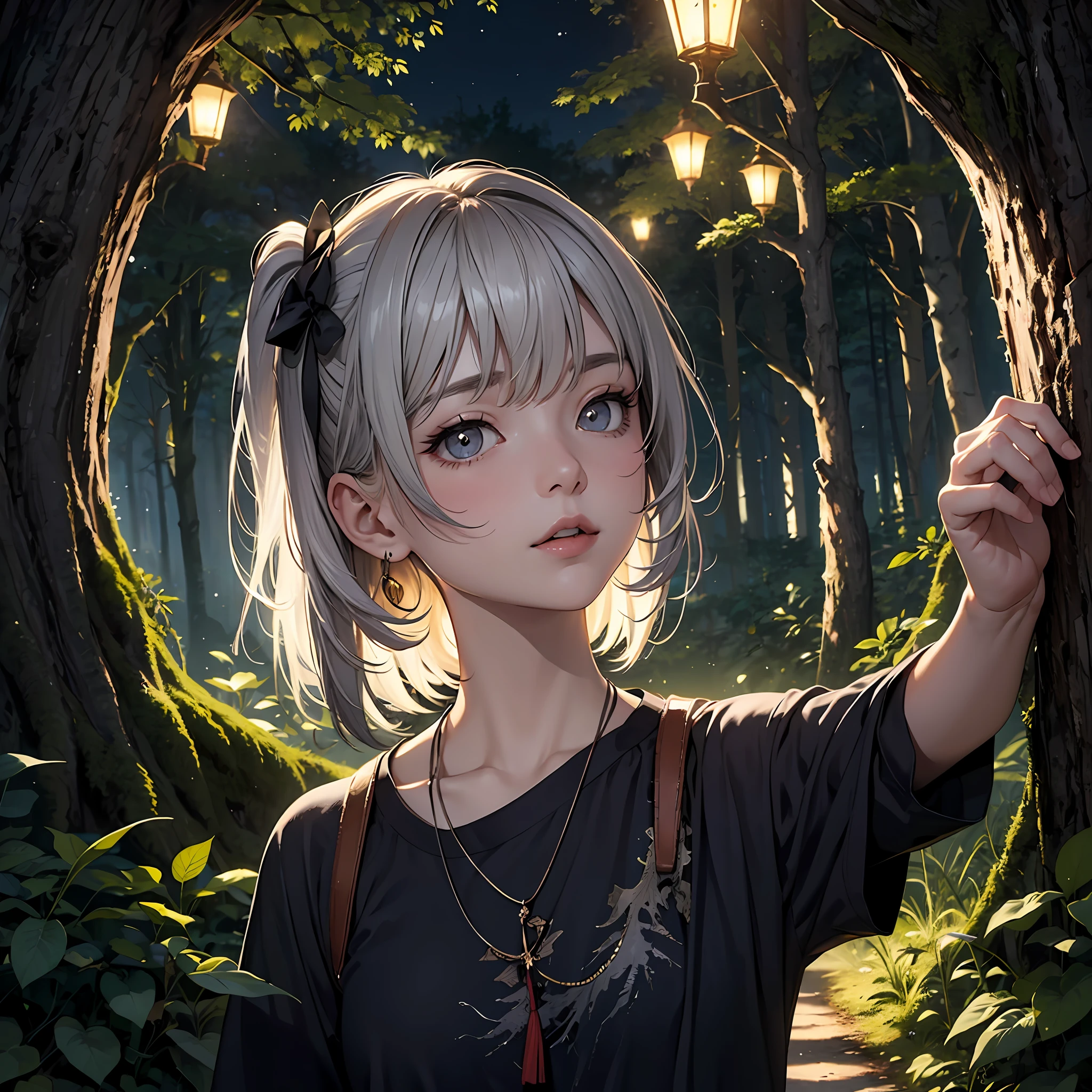 HighestQuali，tmasterpiece，超高分辨率，realisticlying，the night，ln the forest，Thick trunk，glowworm，a pregirl，Yellow-gray hair，frontage，Face portrait，in the darkness nigth