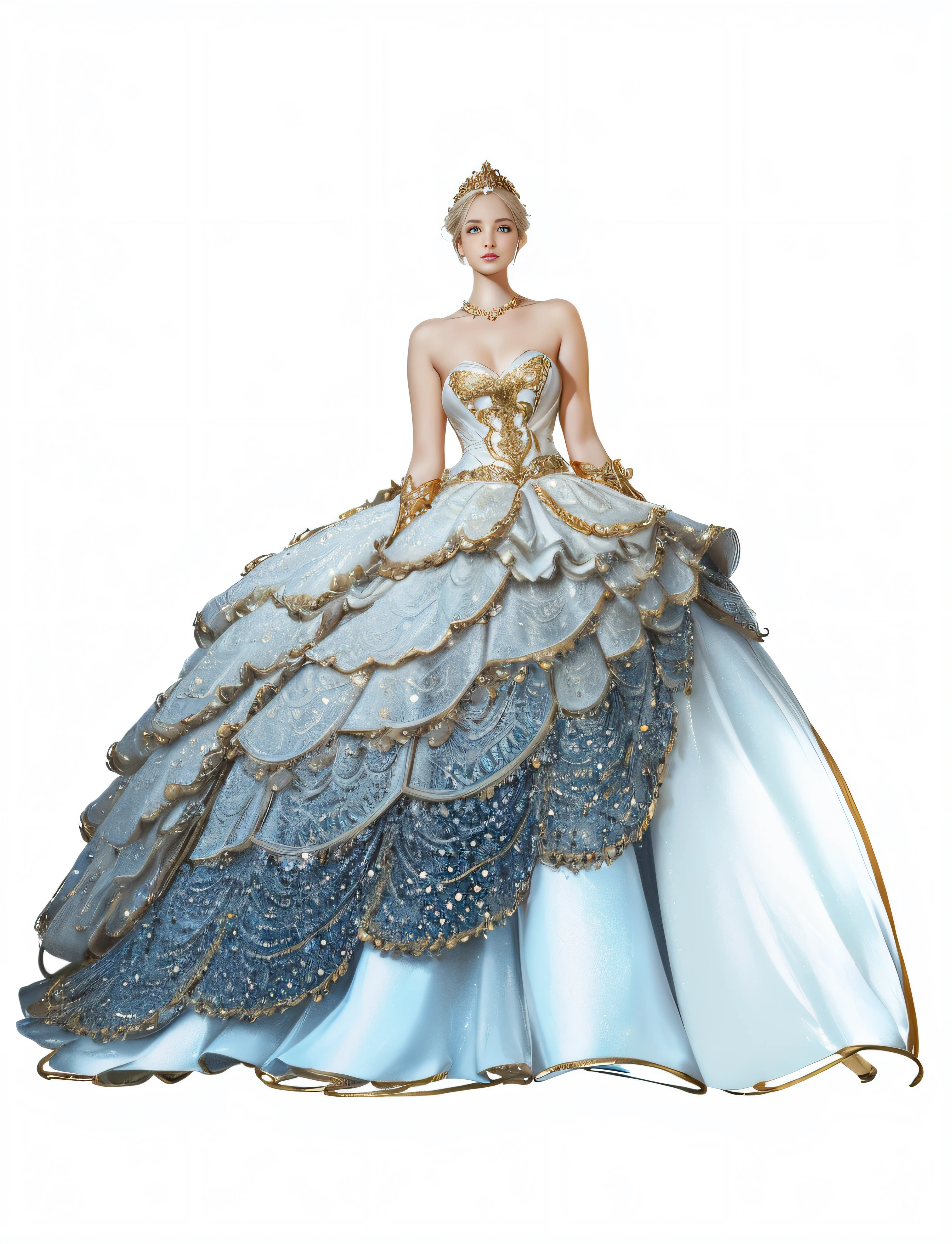 a hyper realistic photograph of a girl standing wearing a majestic light beige and gold ball gown dress, big beautiful dress, intricate puffy ball gown with lots of ruffles and rhinestones (Best quality, masterpiece, ArtStation, Fantasy Art:1.2), a palace room, a beautiful cute girl, (long white hair:1.1), (intricate short gold skirt, bare legs:1.2, full body shot)