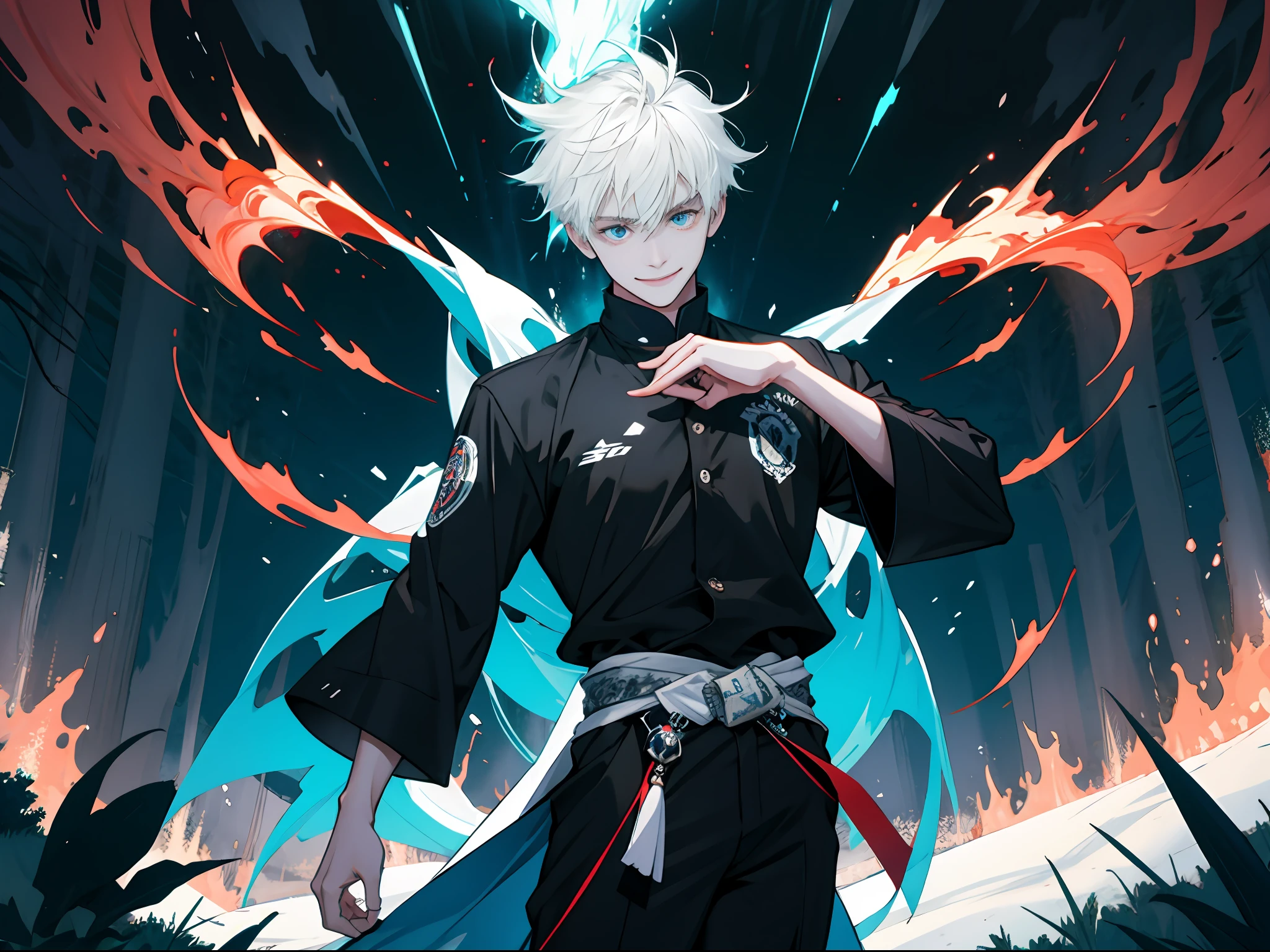 A man with short white hair, black shirt, standing on a forest path, spreading his hands while meditating, with a happy expression, the background is trees and the sky, but there are wormholes on the ground, surrounded by blue flames, golden and red lightning, high-speed movement, panoramic emergence, express dynamic and multi-angle light and shadow effects, generate 16K level detailed pictures.