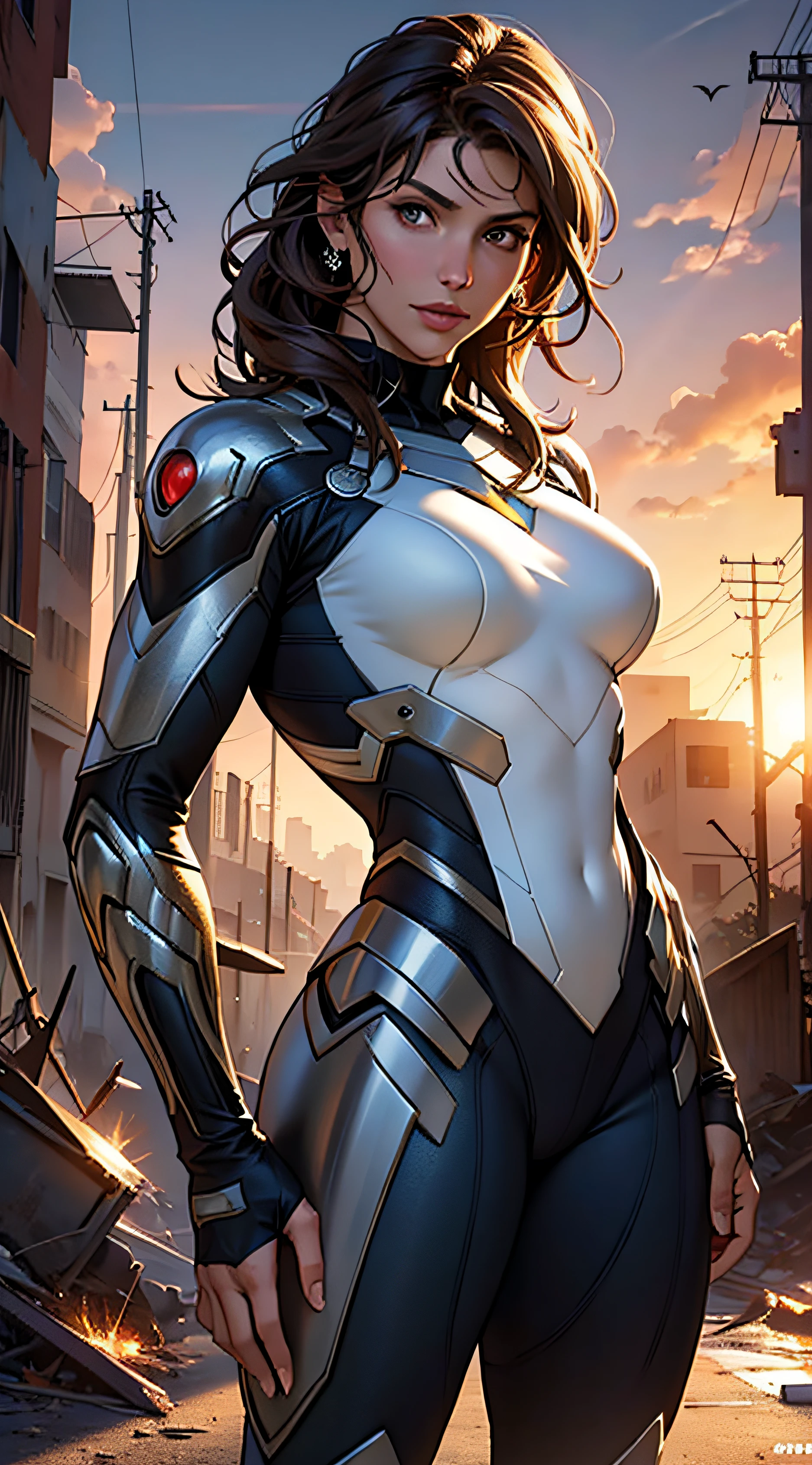 Jennifer Esposito em traje marrom detalhado do Homem-Aranha, seios grandes, Superhero pose, standing in ruined city at sunset, hiperdetalhado, smoke billowing, Sparks, raios solares, (8k), Realistic, symmetric, Premiado, cinematographic lightning, Encharcado, Film, 75 millimeters, Scratches, tiro de corpo inteiro, Close-up, Roupas rasgadas e sujas, Rosto detalhado, --auto