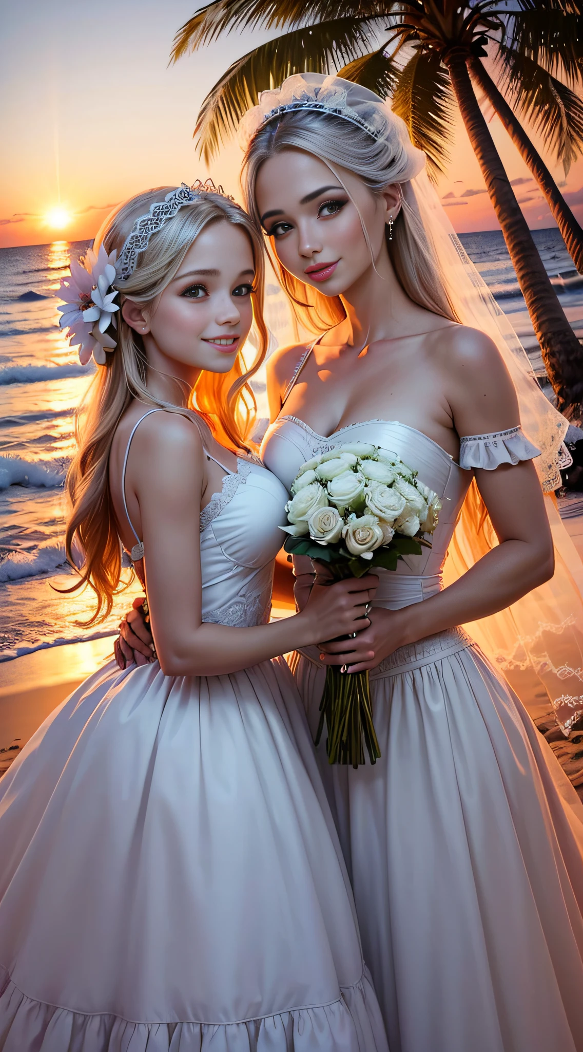 "Um casamento de conto de fadas com a Barby: um vestido de noiva deslumbrante (vestido de casamento:1.2), cabelo loiro longo (loira de cabelos longos), flawless makeup, local dos sonhos (Paradisiacal beach), stunning sunset (amazing sunset), romantic decoration (romantic decoration:1.1), bouquet of fresh flowers, felicidade pura (felicidade:1.2), todos os amigos e familiares reunidos (gathering of friends and family), amor verdadeiro. " --auto