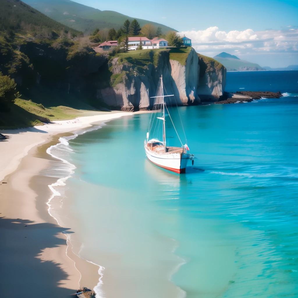 Blue sea, a wooden boat, a beauty