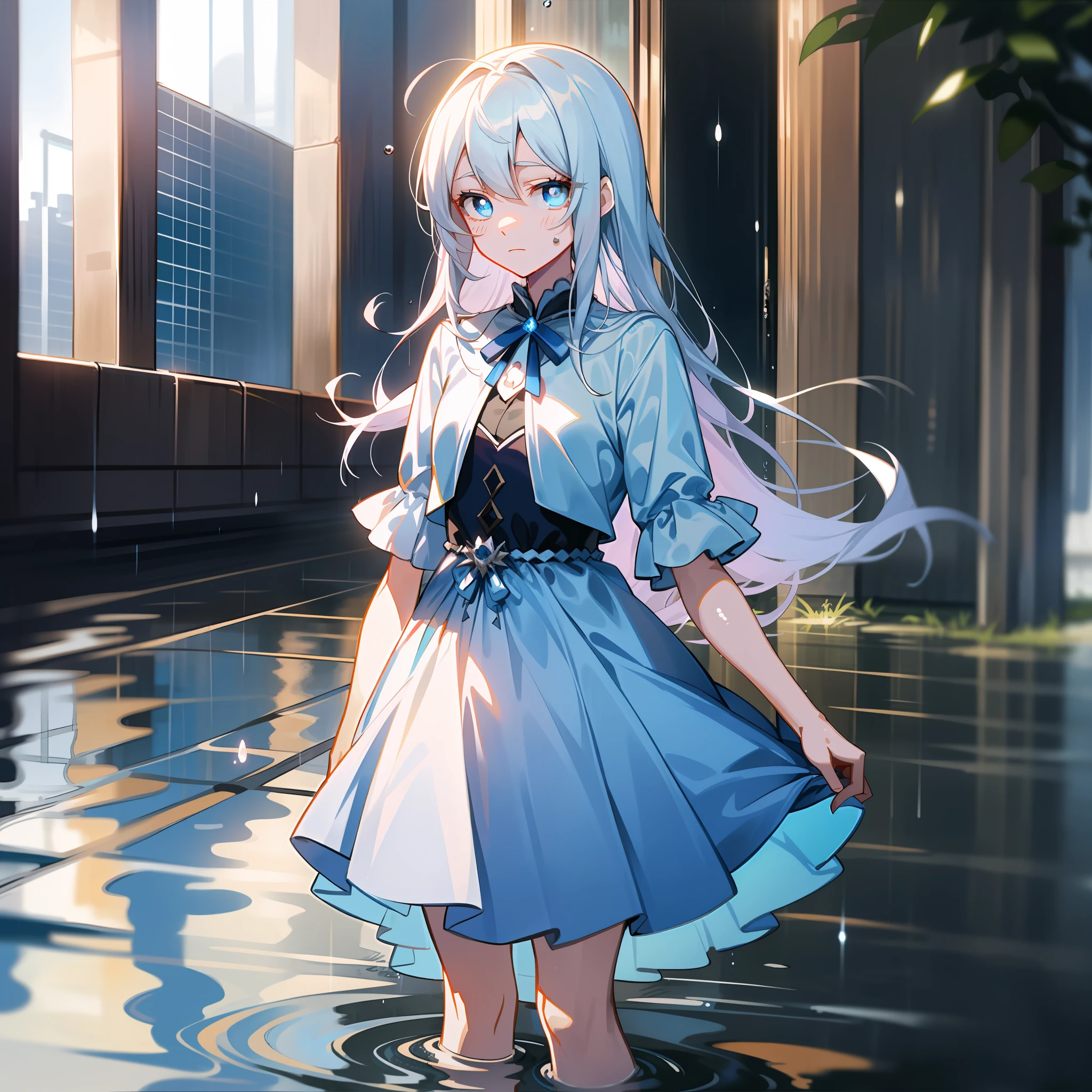 quadratic element,whaite hair,noble,white skinned,eBlue eyes,long eyelasher,Blue light gauze dress,face expressionless,Reflections from standing water on rainy days,城市,slim,Light,Need,tmasterpiece,Delicate,full bodyesbian