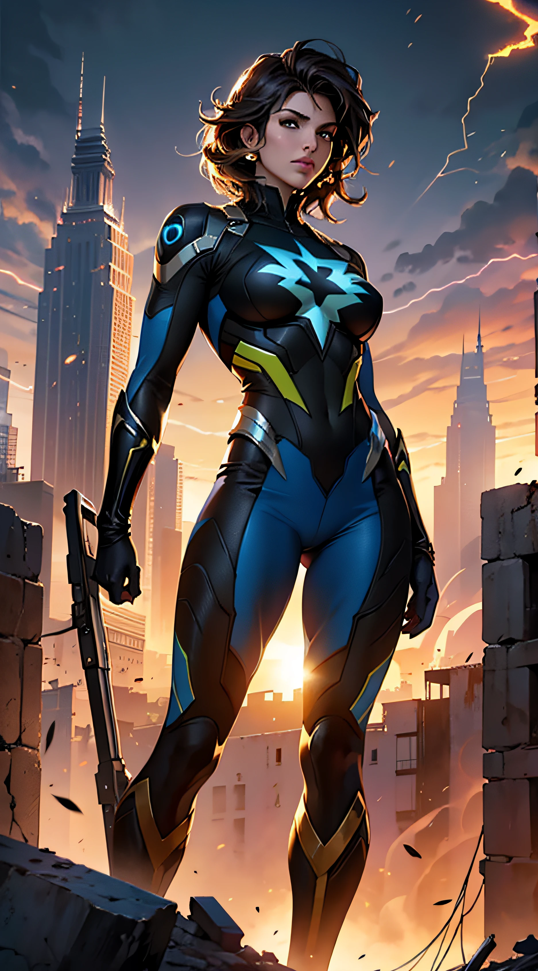 Jennifer Esposito em traje marrom detalhado do Homem-Aranha, seios grandes, Superhero pose, standing in ruined city at sunset, hiperdetalhado, smoke billowing, Sparks, raios solares, (8k), Realistic, symmetric, Premiado, cinematographic lightning, Encharcado, Film, 75 millimeters, Scratches, tiro de corpo inteiro, Close-up, Roupas rasgadas e sujas, Rosto detalhado, --auto
