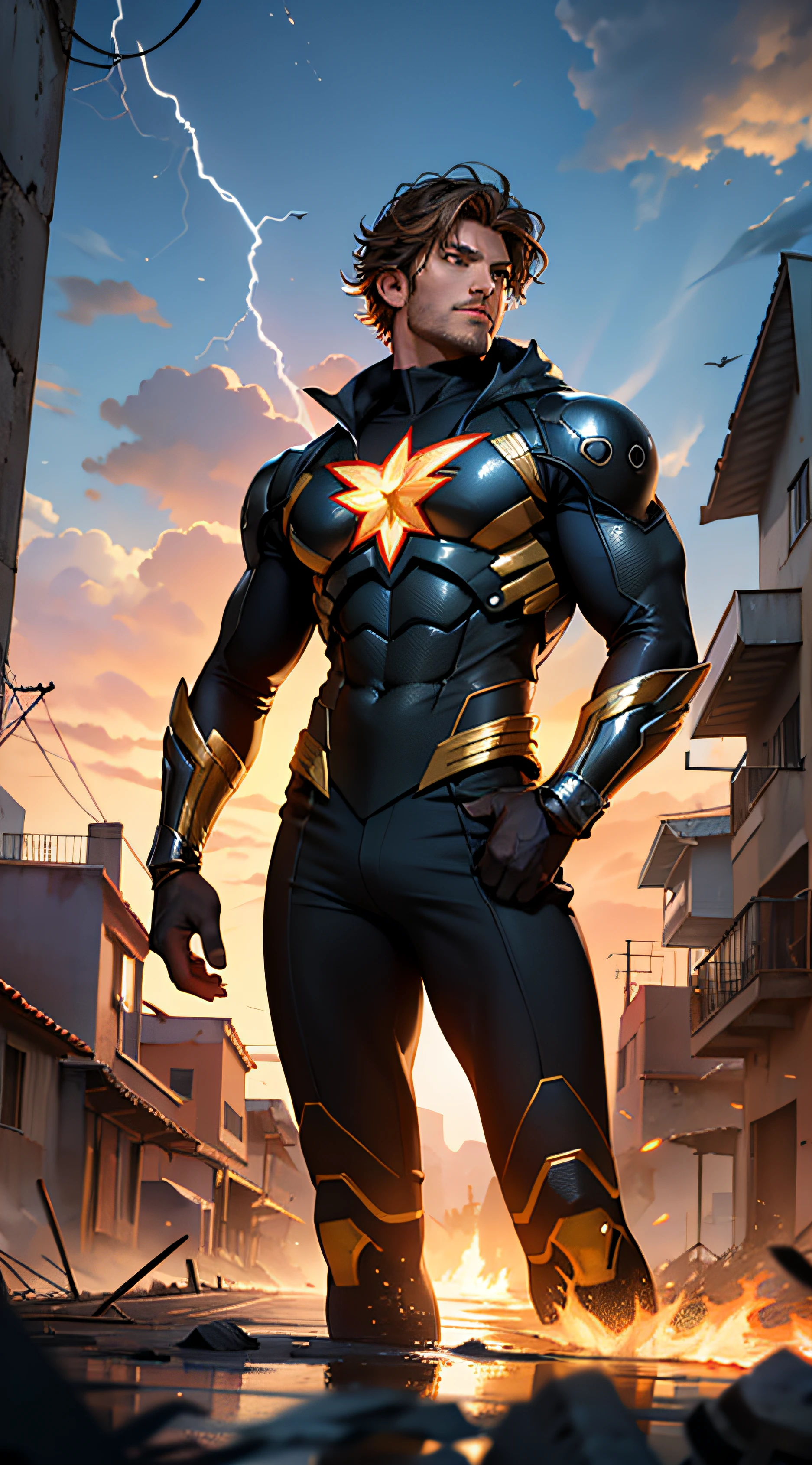 Jennifer Esposito em traje marrom detalhado do Homem-Aranha, seios grandes, Superhero pose, standing in ruined city at sunset, hiperdetalhado, smoke billowing, Sparks, raios solares, (8k), Realistic, symmetric, Premiado, cinematographic lightning, Encharcado, Film, 75 millimeters, Scratches, tiro de corpo inteiro, Close-up, Roupas rasgadas e sujas, Rosto detalhado, --auto