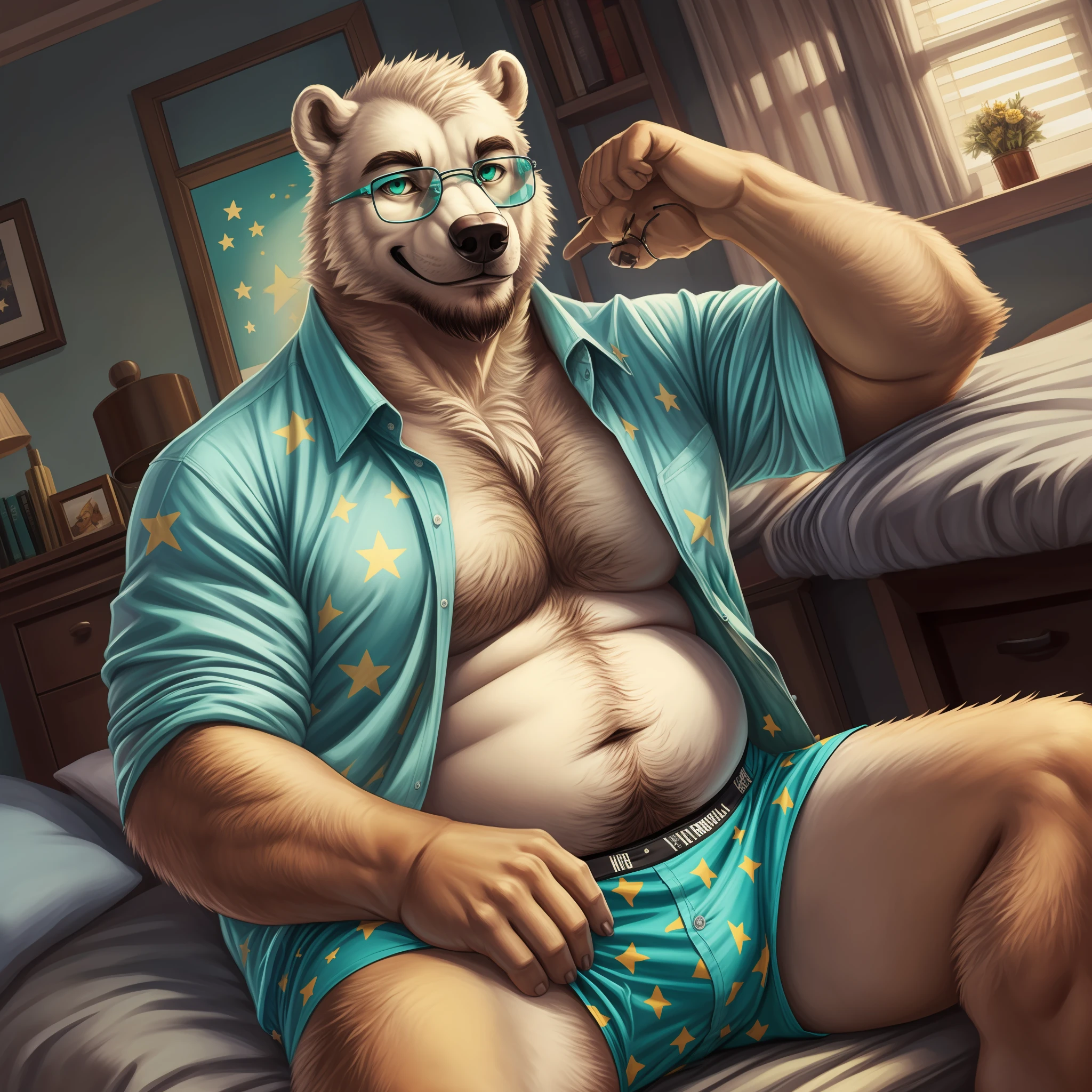 middle-aged, male polar bear, long beard, facial hair, overweight male,stocky,glasses,(yellow stars print oversized teal loose_boxers:1.3),(light blue shirt, open shirt:1.3), inside bedroom, chubby, anatomically correct, seductive look, masterpiece, best quality, naughty, smirk, glasses, full body, detailed background, by adios, low-angle view, sitting spread.