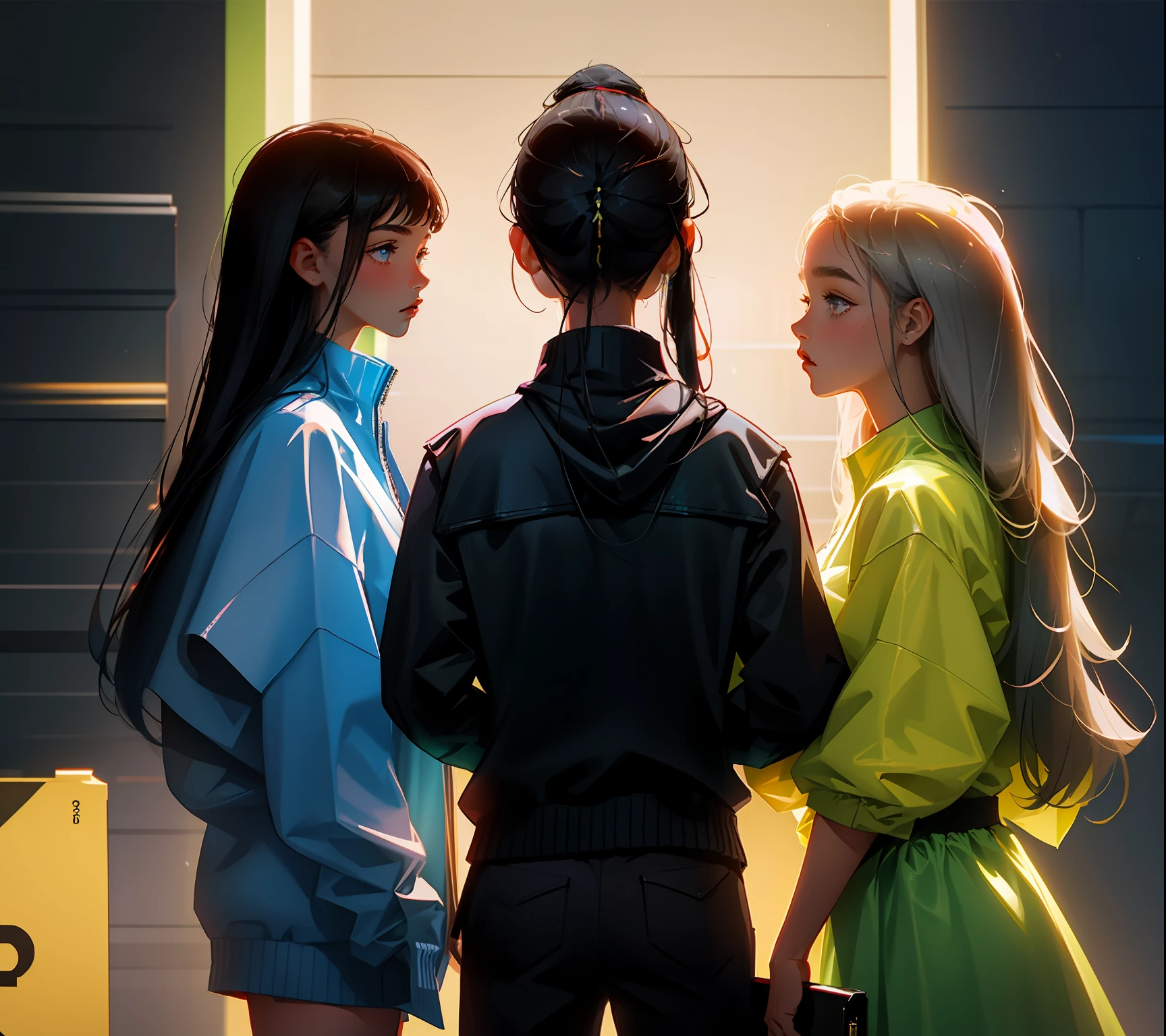 ((best qualtiy)), ((tmasterpiece)), (The is very detailed:1.3), 3D, In the distant future,The line between science fiction and fantasy has disappeared,Three high school s with different hair lengths and three high school teens,A total of six people stood with their backs to each other