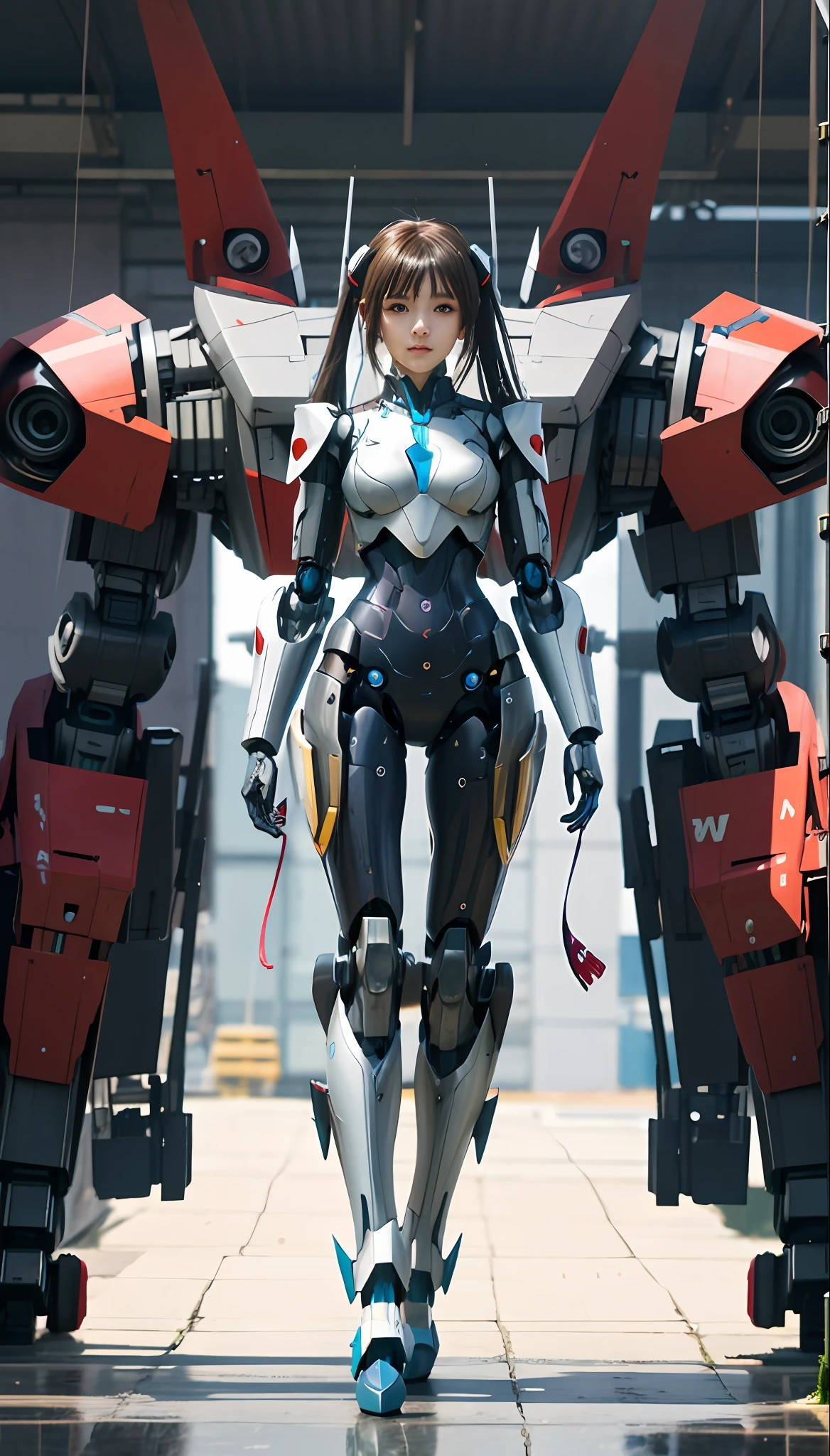 Anime girl in futuristic suit standing in front of a giant robot, girl in mecha cyber armor, cyberpunk anime girl mech, Mecha suit, female mecha, anime robotic mixed with organic, anime mecha aesthetic, Beautiful robot character design, Mechanized Valkyrie girl, symetry! futuristic robotic, wojtek fus, perfect anime cyborg woman, mecha asthetic