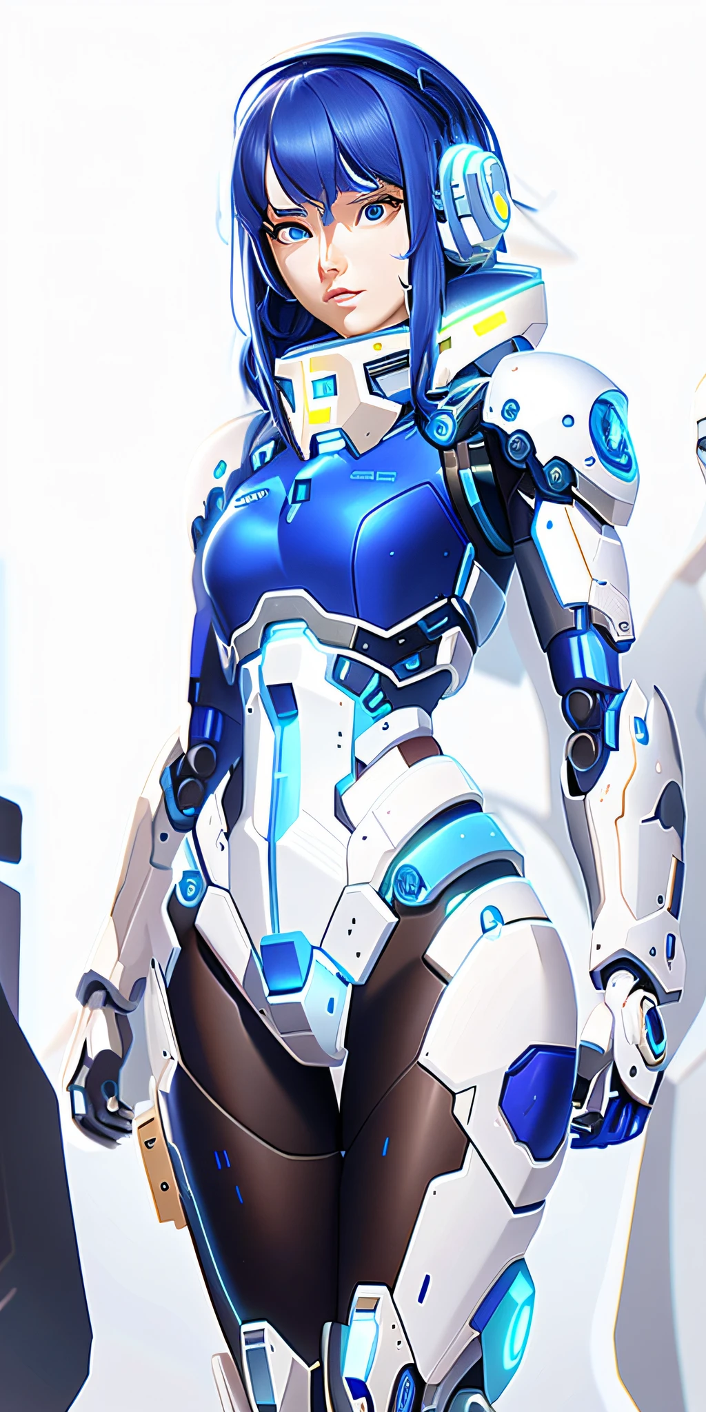 Lafite woman in futuristic suit standing in the room, echo from overwatch, inspired by Marek Okon, ferra white mecha, female mecha, Mecha suit, overwatch character, overwatch character concept art, overwatch design, overwatch skin, girl in mecha cyber armor, from overwatch, official overwatch game art, in white futuristic armor