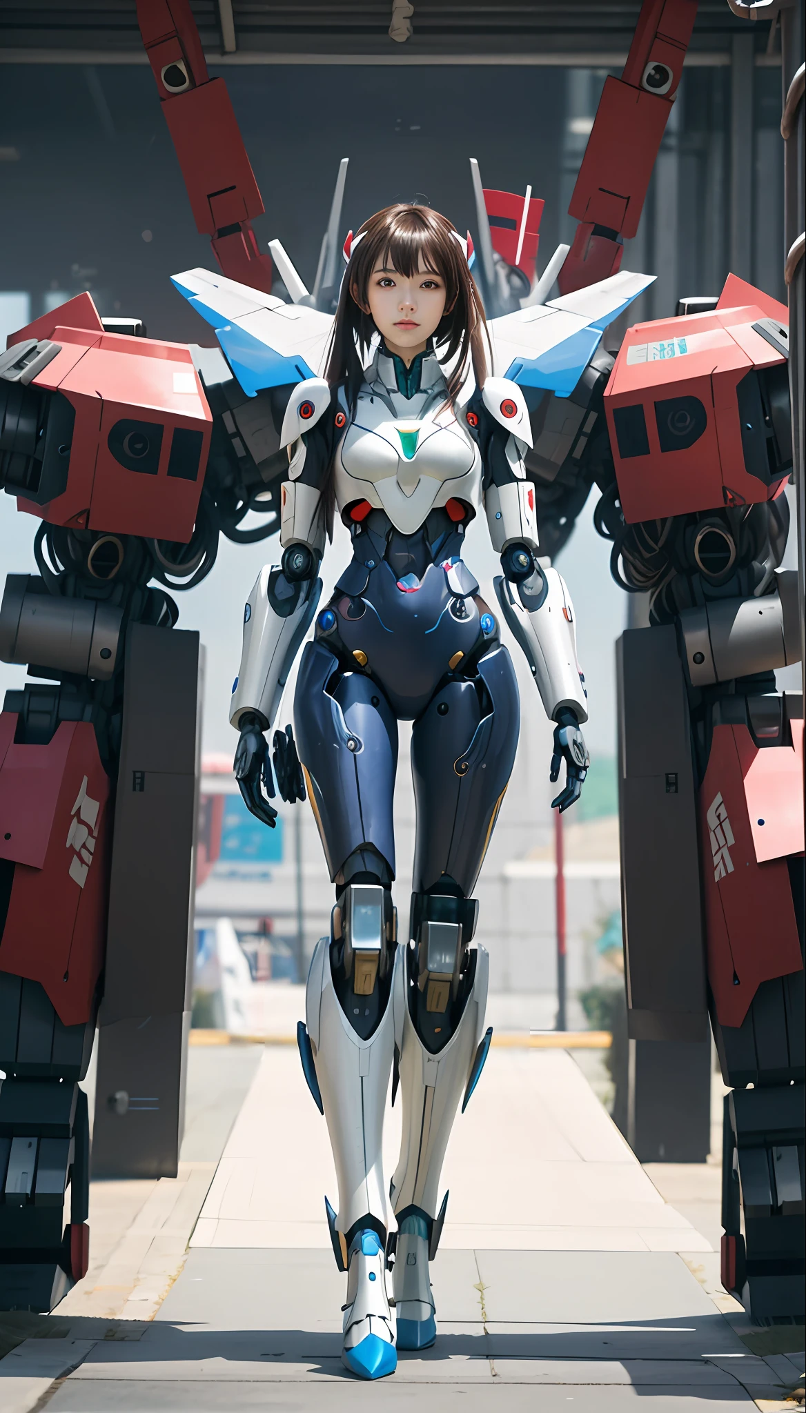 Anime girl in futuristic suit standing in front of a giant robot, girl in mecha cyber armor, cyberpunk anime girl mech, Mecha suit, female mecha, anime robotic mixed with organic, anime mecha aesthetic, Beautiful robot character design, Mechanized Valkyrie girl, symetry! futuristic robotic, wojtek fus, perfect anime cyborg woman, mecha asthetic