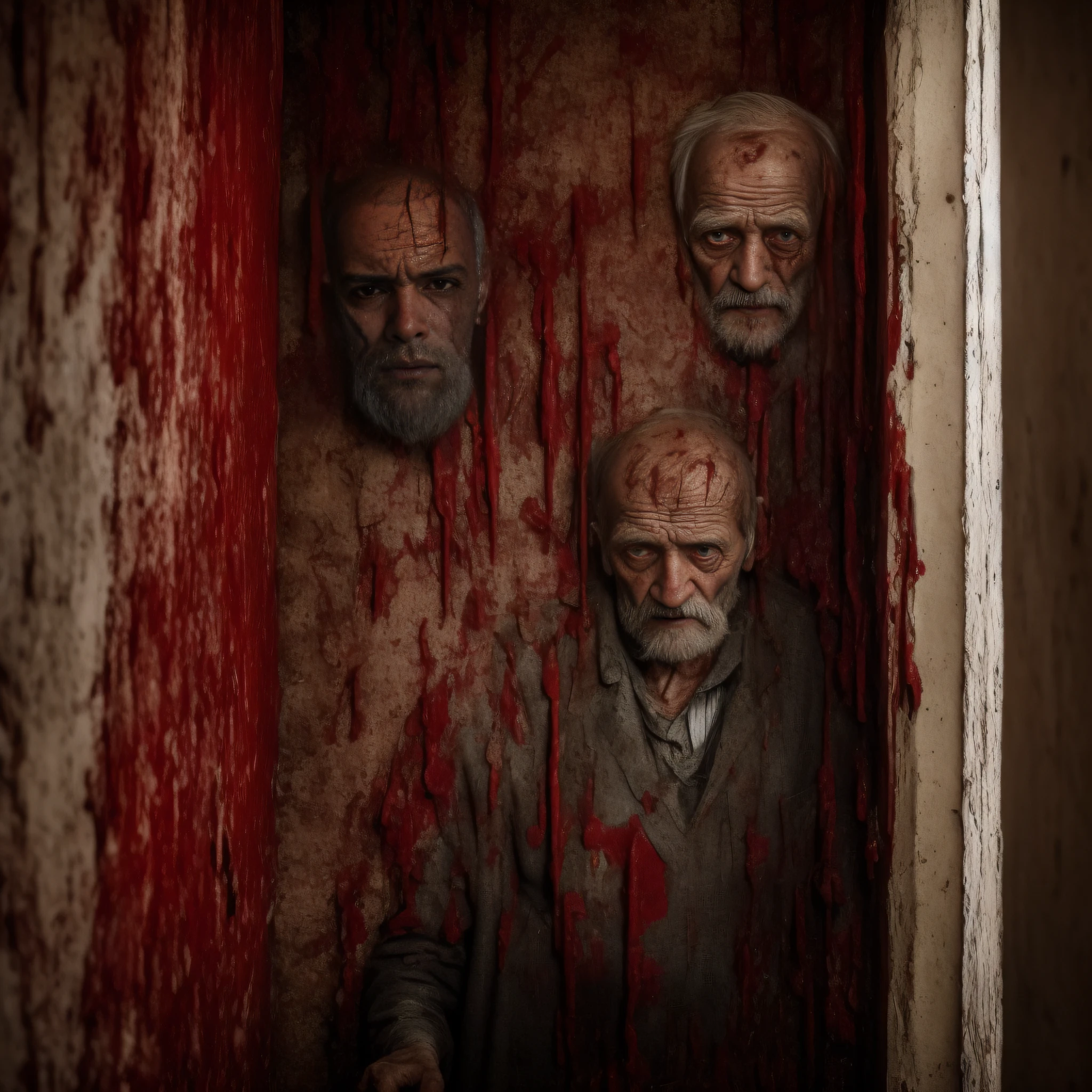 Terrifying old man, whole body, body rotting, only the head can be seen as a human head, locked in a room full of blood, with half of the rotting Ren inside the wall --auto