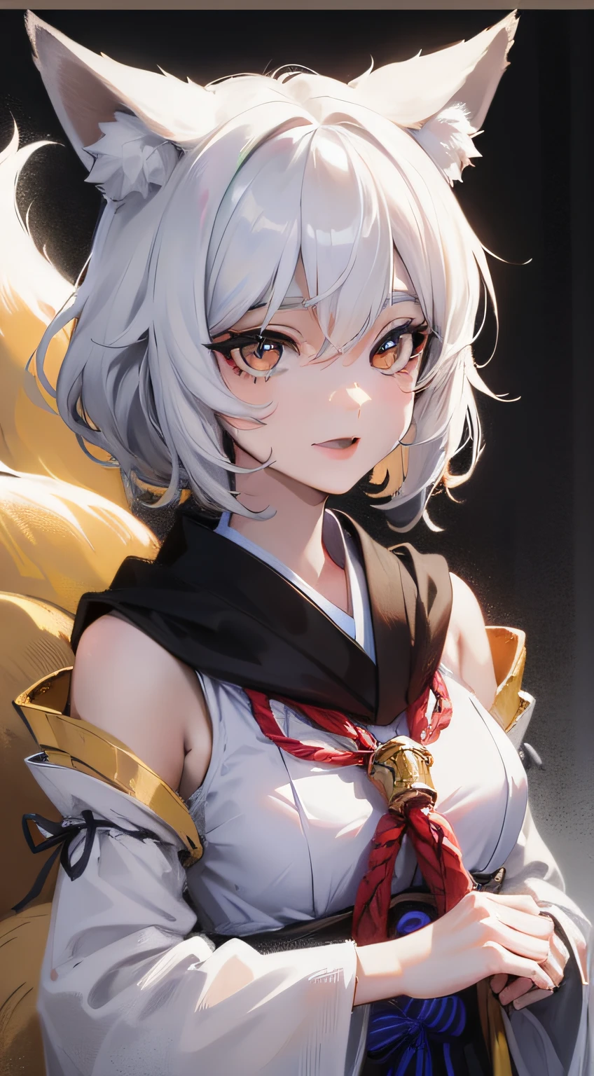 Adult woman, Short white hair, Fox ears, fox tails, Golden eyes, Black whites of the eyes, komono, ssmile, Masterpiece, hiquality