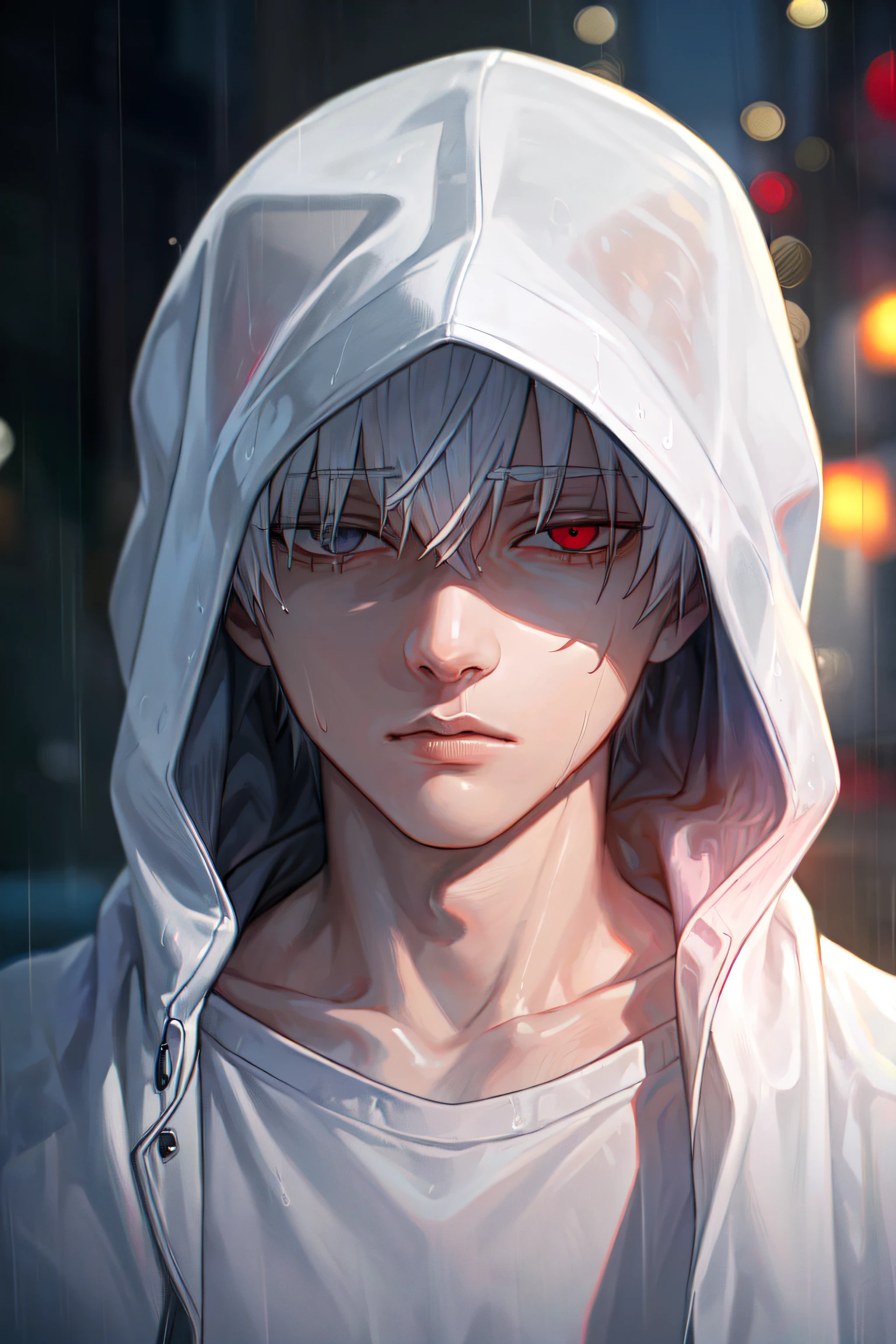 kk, best quality, more details, masterpiece, 1boy, kaneki ken, portrait, male focus, red eyes, solo, bangs, looking at viewer, hood, short hair, rain, tokyo tokyo \(city\), hood up, nail polish, white hair, luxurious, 8k, detailed, ray tracing, depth of field, cinematic lighting,