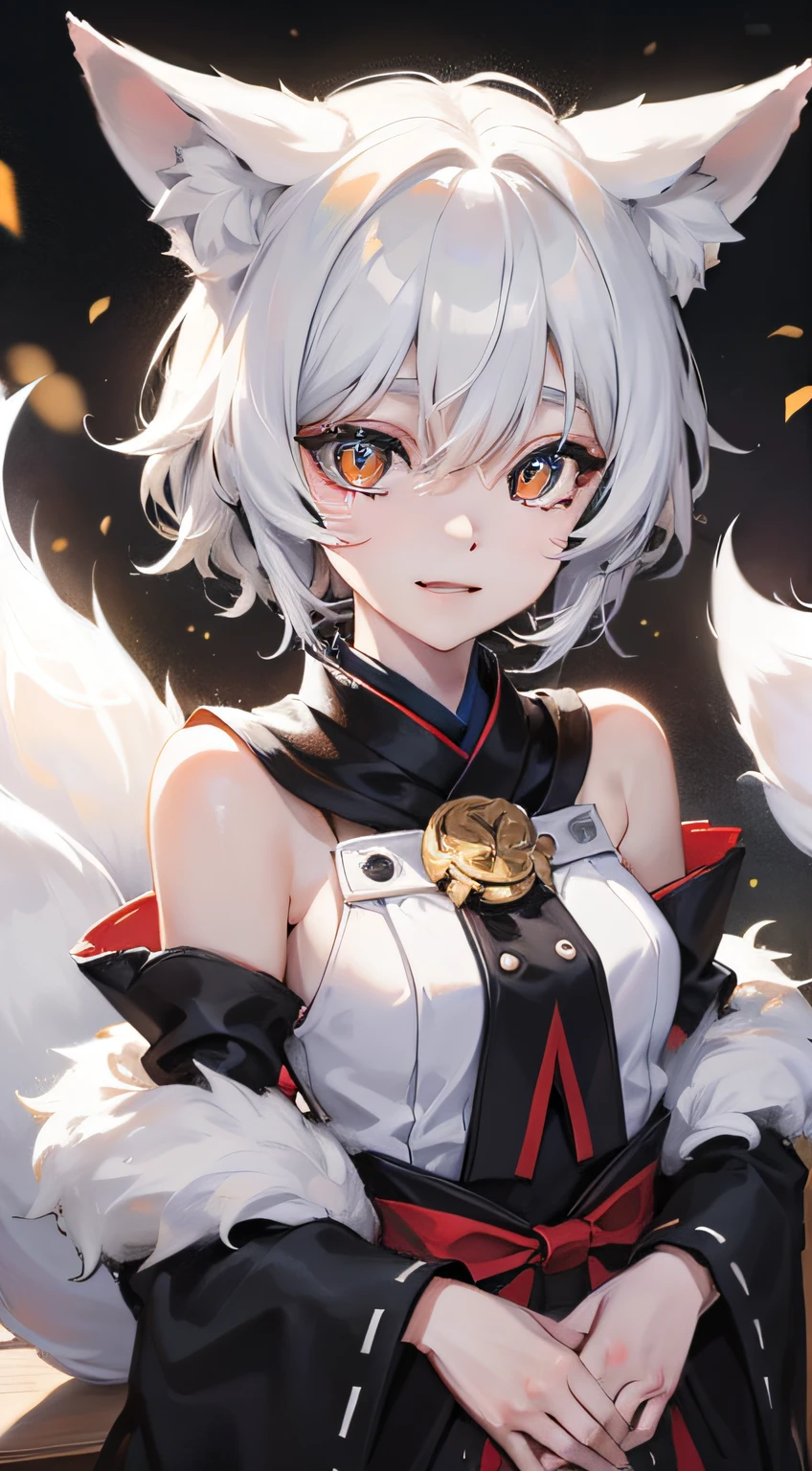 Adult woman, Short white hair, Fox ears, fox tails, Golden eyes, Black whites of the eyes, komono, ssmile, Masterpiece, hiquality