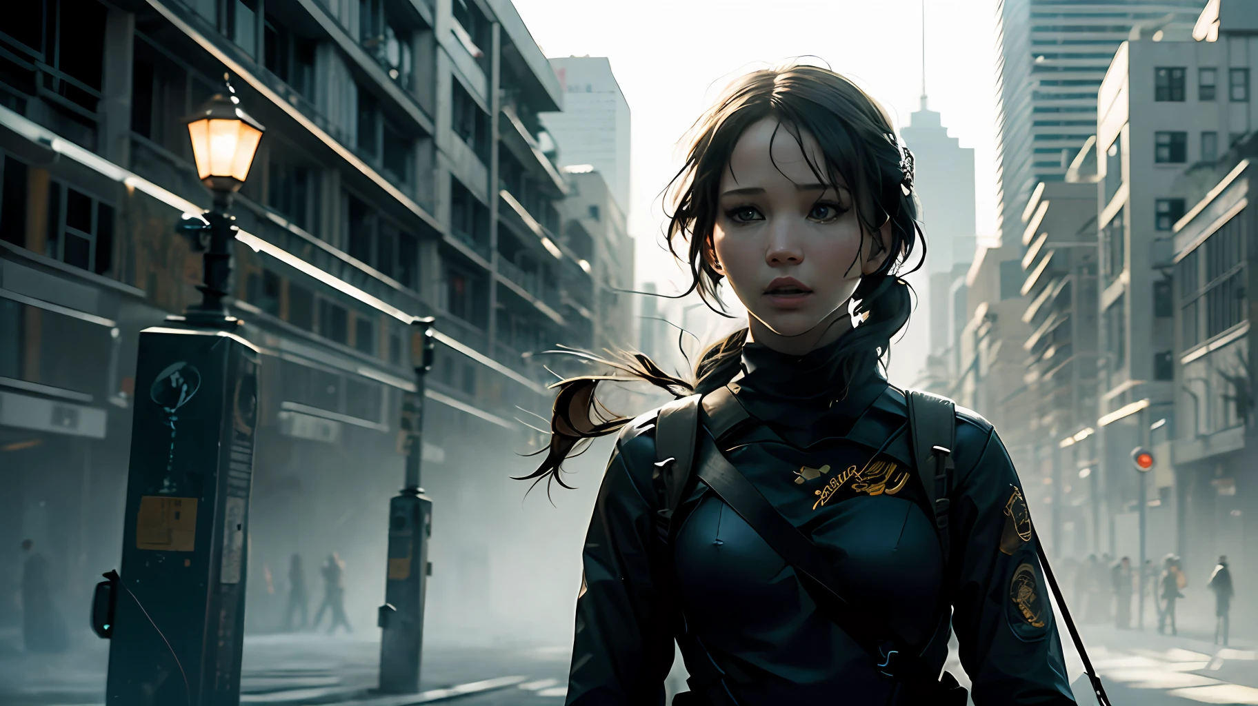 (Jennifer Lawrence: 0.9) performance (Katniss Everdeen), (cabello largo y ondulado), Mockingjay Sterile, ropa transparente, lucha hasta la muerte, underground scattering, ruinas en el fondo, intrincado, altamente detallado, imagen perfecta, cinematography lighting, cara y ojos muy detallados, (ambiente oscuro: 1.5), (poco iluminado: 1.1), Elaborate sci-fi atmosphere, foto de alta calidad, alto detalle, foco nítido, (lente de 105 mm), (ISO 100) --auto