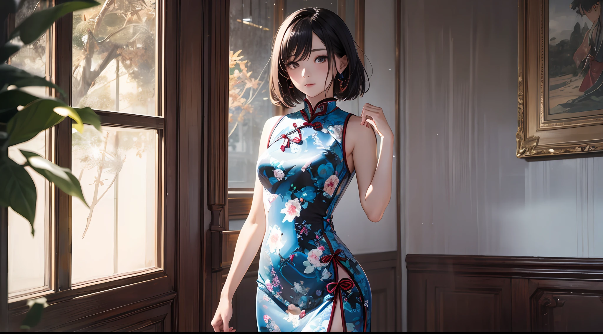 1girl in, (((shorth hair))), Bright cheongsam, Longer dress、(masterpiece, top-quality, Near and far law), beautiful expression, 8K, Raw foto, nffsw, Photorealsitic, film grains, chromatic abberation, hight resolution, ultra-detailliert, finely detail, 动态照明, Dramatic Lighting、shadowy、extremely detailed eye and face、Round pupils、Beautiful legs、Beautiful feet、Standing、Modern and luxurious room