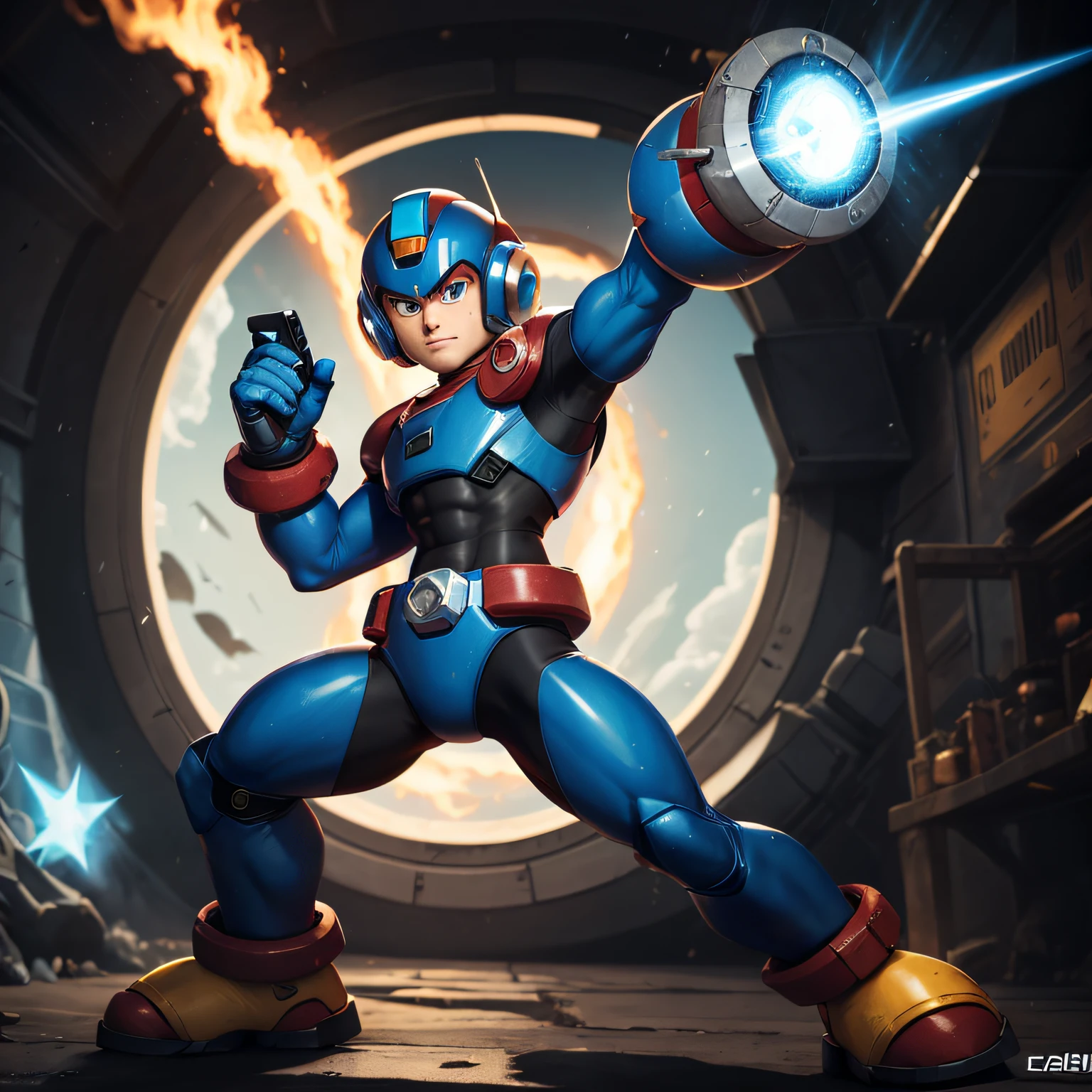 personagem do videogame "Megaman", roupa azul, energy cannon in hand, capacete, detalhes intrincados