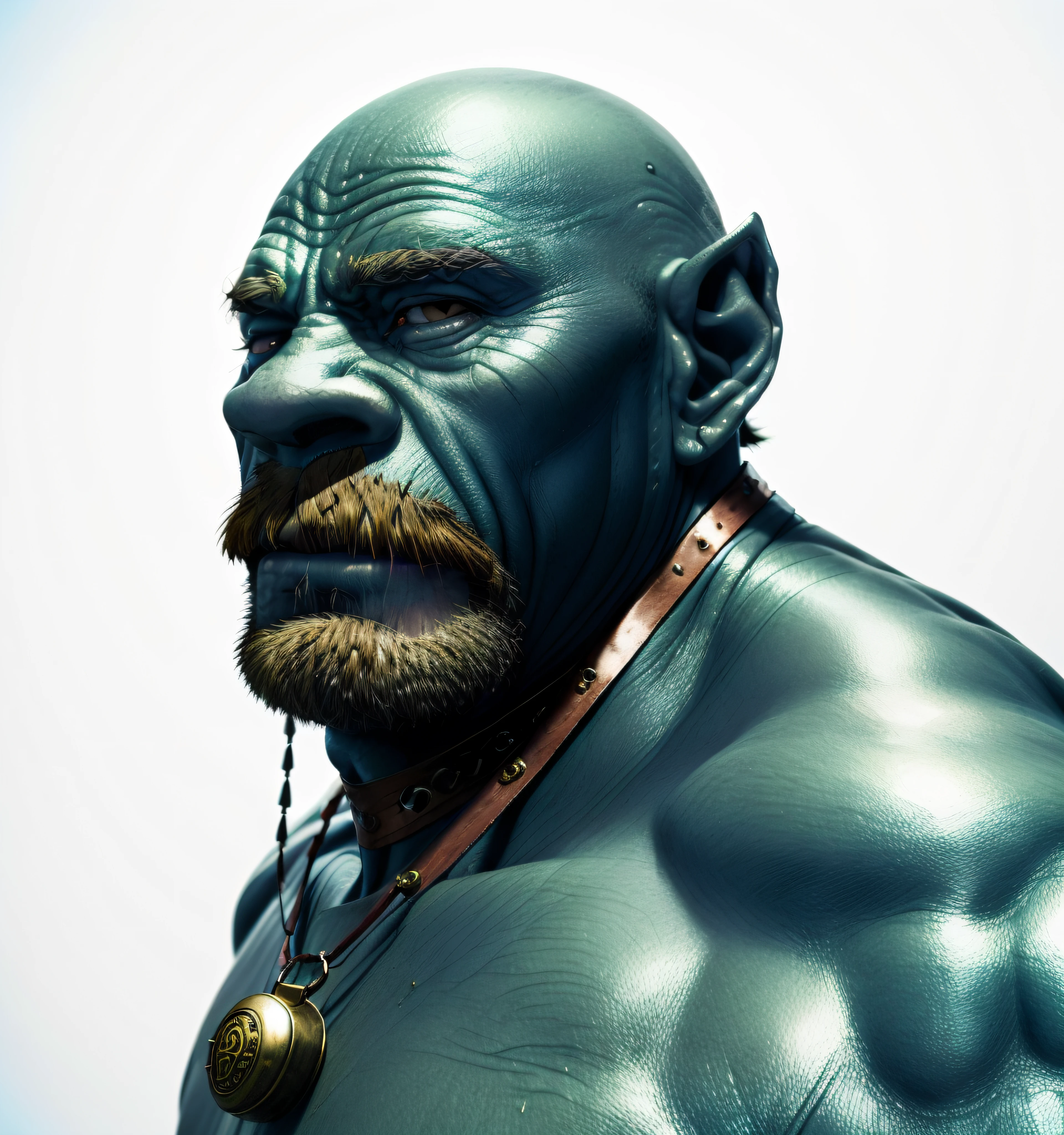 Photo of Ryan Cranston with symmetrical perfect face and anatomy and beard and mustache featured as a strong muscled blue orc full of veins wearing a leather necklace around his neck and a very sharp and detailed skin and perfect mouth, Um Orc, Orc, ogro, orc looking at the camera, metade orc metade humano, Retrato de um Orc, elfo com pele azul, elfo com pele azul, Orc Guerreiro, Retrato de um guerreiro orc, tom de pele azul 8k texturas, detalhes fotorrealistas, fundo vazio, pele realista, renderizado com arnold, Diretor: Brian Skerry