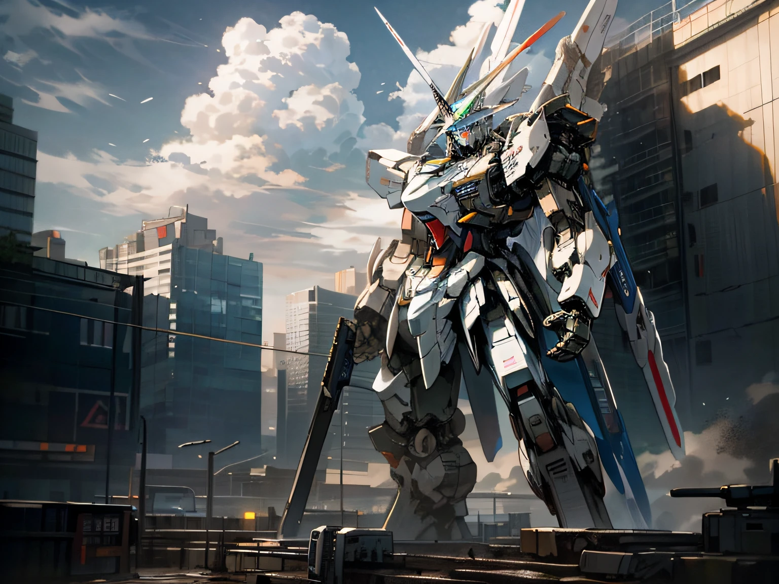 sky, cloud, holding_weapon, no_humans, glowing, , robot, building, gundam,glowing_eyes, mecha, science_fiction, city, realistic,mecha