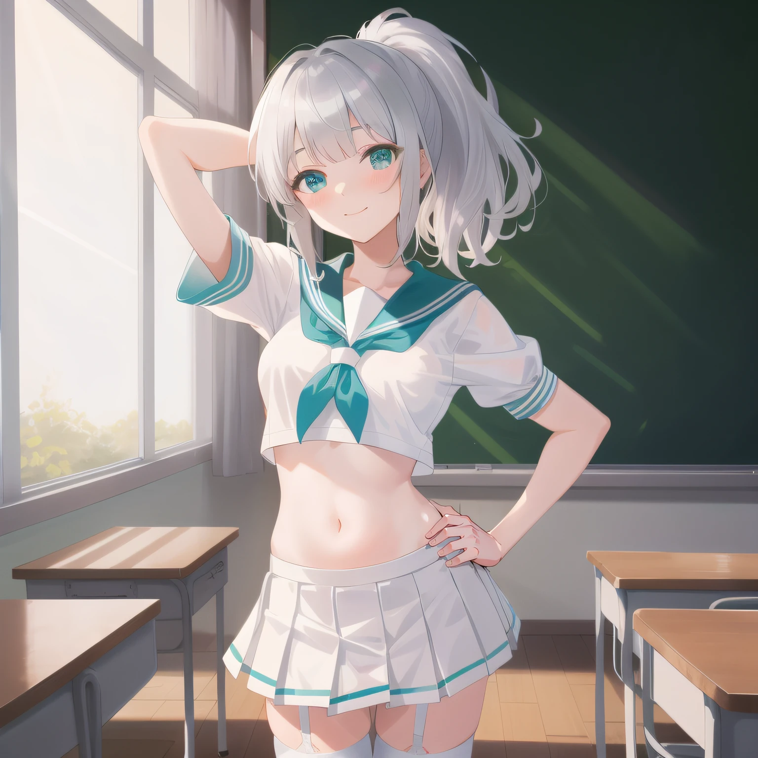 Anime girl in school uniform posing in front of window, Smooth anime CG art, seductive anime girls, Beautiful Anime High School Girls, anime moe art style, Surrealism female students, style of anime4 K, Surrealism female students, Anime art wallpaper 8 K, Cute anime girl, Realistic schoolgirl, attractive anime girls, small curvaceous loli