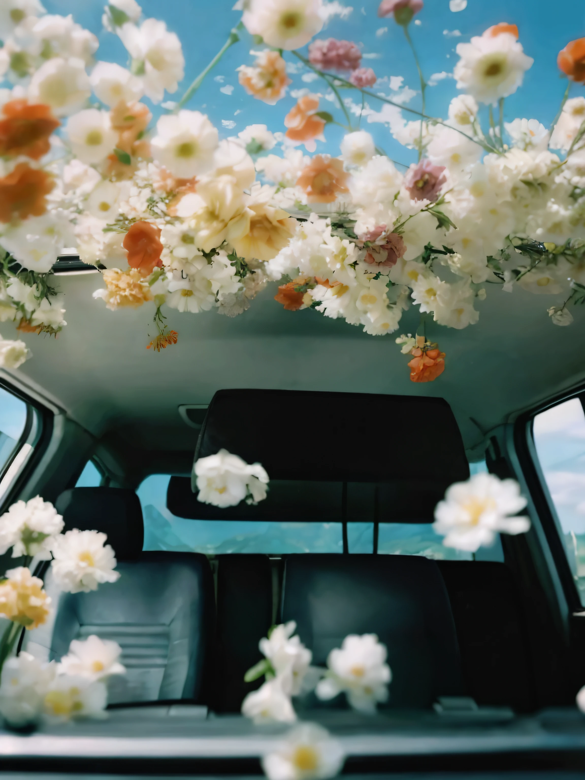 Flowers in the back seat of car on sky background, rinko kawauchi, an aesthetic field of flowers, inside car, Full of flowers, covered with flowers, there's flowers everywhere, nature and floral aesthetics, in style of petra collins, petra collins, Inspired by Elsa Bleda, dreamy aesthetic, taken with kodak portra, beautiful flowers