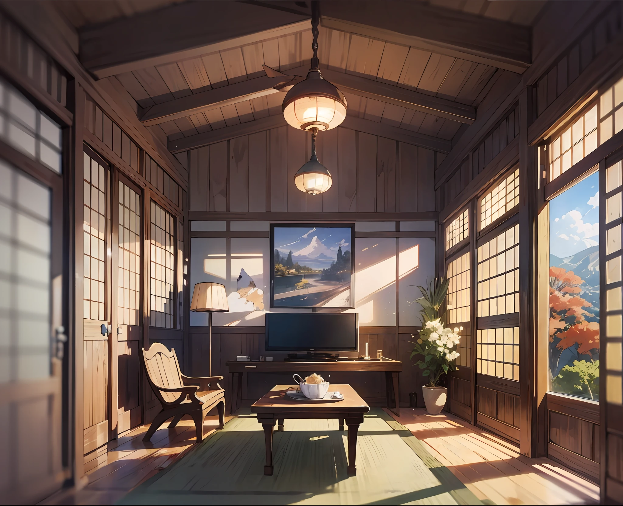 nohuman、Old-fashioned Japanese-style living room、wooden plank floor、Between planks、Dark indoor、Stylish Japanese style、Dark indoor、Autumn leaves outside the small window、No humans、Makoto Shinkai's concept art、Tumbler、magic realism、beautiful anime scene、By Shinkai Makoto、((By Shinkai Makoto))、Anime Background Art、anime backgrounds、style of makoto shinkai、anime movie background、No humans。