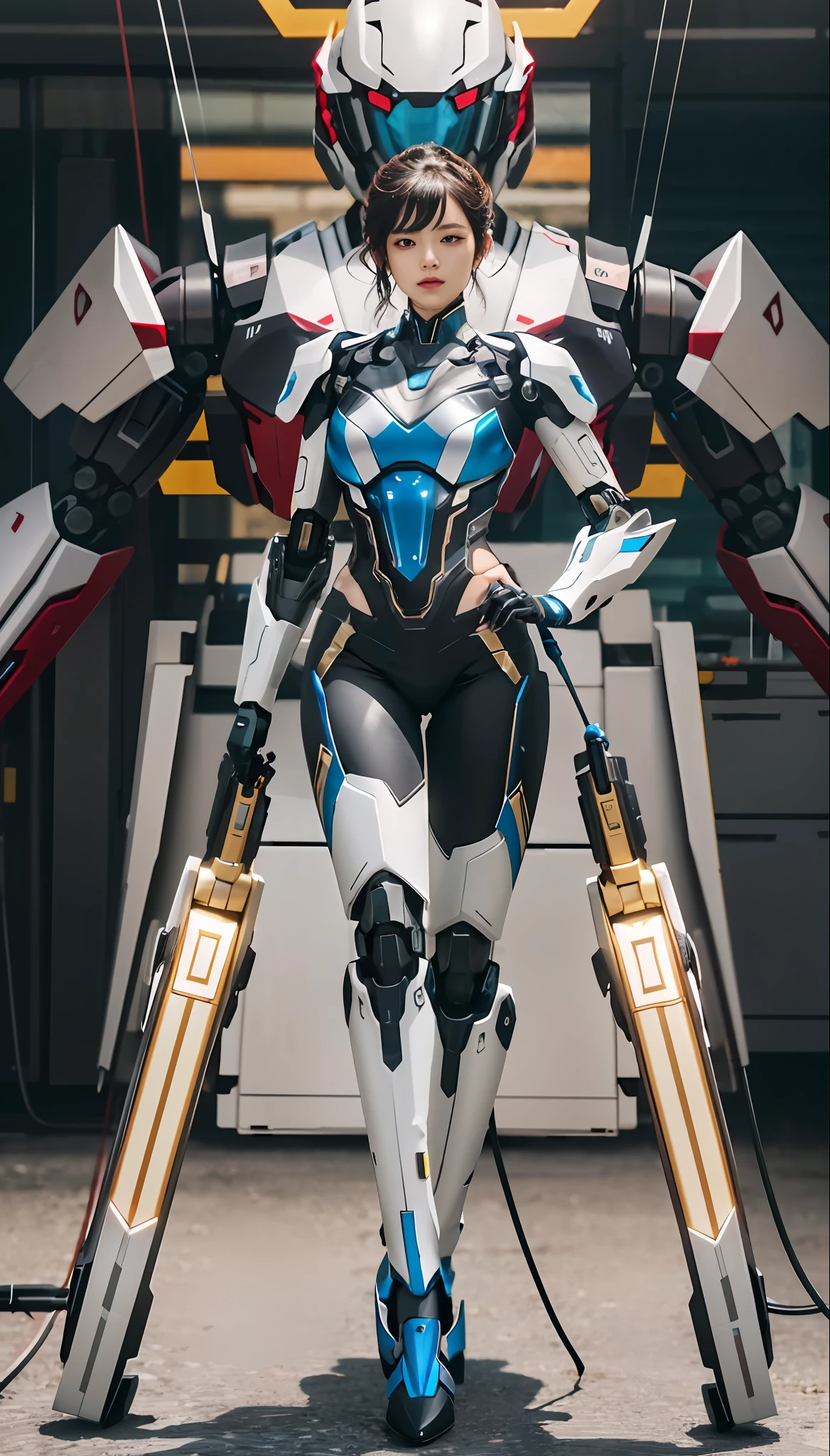 a close up of a woman with a futuristic outfit on，There is a huge robot behind him, cgsociety uhd 4k highly detailed, female mecha, akihiko yoshida. illusory engine, girl in mecha cyber armor, unreal engine rendered + A goddess, Mecha suit, fantasy style 8 k octane render, cinematic cgsociety, octane cgsociety