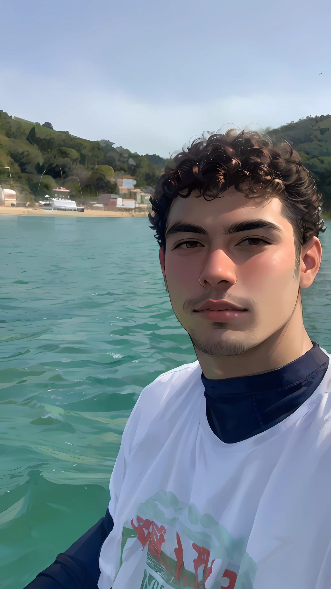 Man in white shirt on a boat on the water, Jovem homem grego, em torno de 1 9 anos, taken in the early 2020s, daniel mirante, caio santos, Aykut Aydogdu, Foto do perfil, Foto do perfil do headshot, imagem frontal, Riyahd Cassiem, Lucas Graziano curly hair placeholder image