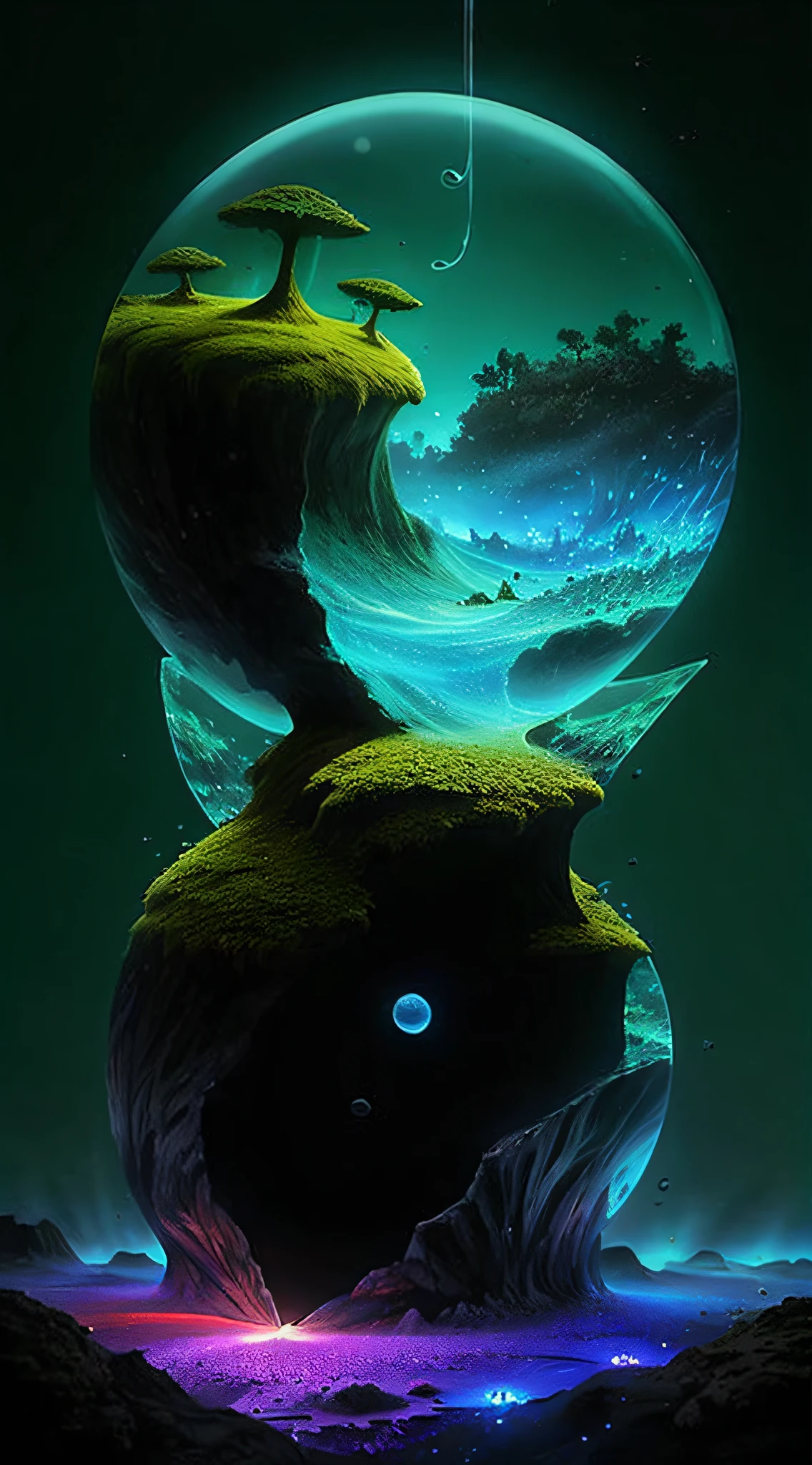 Cute anthill,It is covered with moss and cute glowing ants,Made of sand,Blue Higan flowers bloom,Transparent fog,The hemispherical shape looks down from the sky,fanciful,Artistically,ultraclear,Hyper-detailing,8K