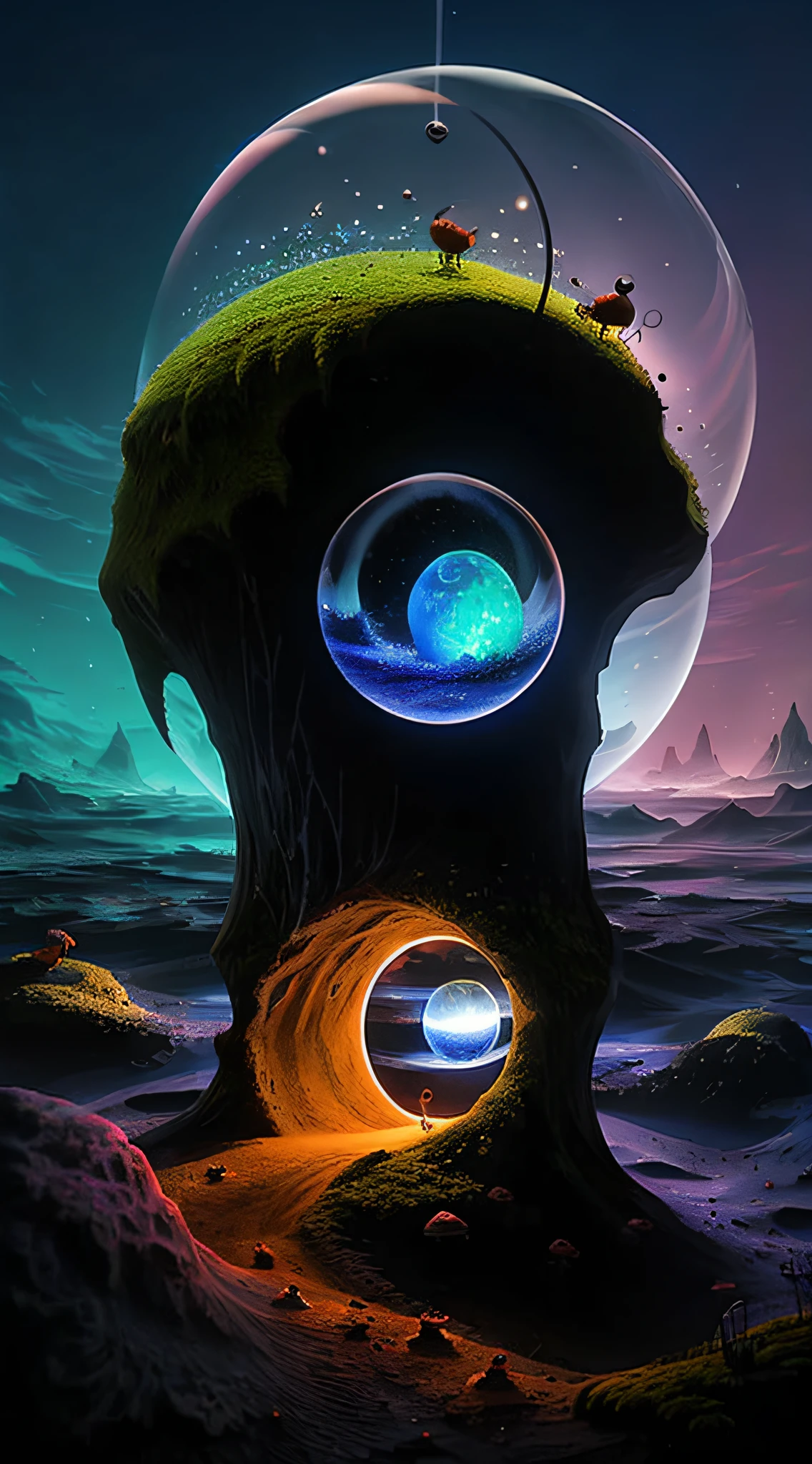 Cute anthill,It is covered with moss and cute glowing ants,Made of sand,Blue Higan flowers bloom,Transparent fog,The hemispherical shape looks down from the sky,fanciful,Artistically,ultraclear,Hyper-detailing,8K