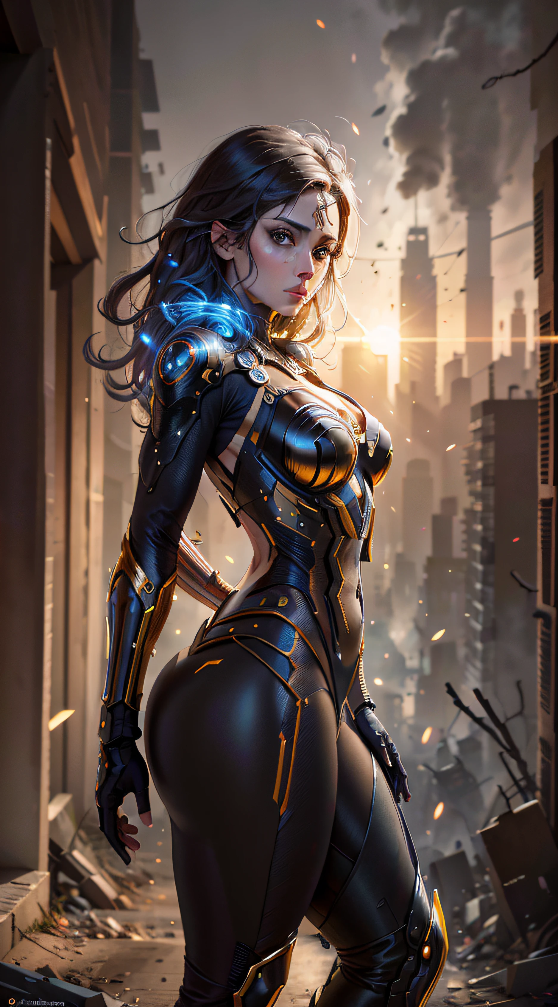 Jennifer Esposito em traje marrom detalhado do Homem-Aranha, seios grandes, Superhero pose, standing in ruined city at sunset, hiperdetalhado, smoke billowing, Sparks, raios solares, (8k), Realistic, symmetric, Premiado, cinematographic lightning, Encharcado, Film, 75 millimeters, Scratches, tiro de corpo inteiro, Close-up, Roupas rasgadas e sujas, Rosto detalhado, --auto